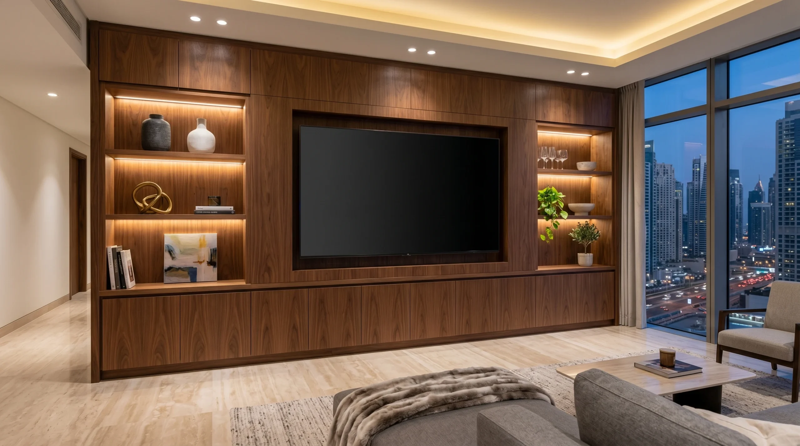 TV units Dubai, walnut media console in modern UAE living room