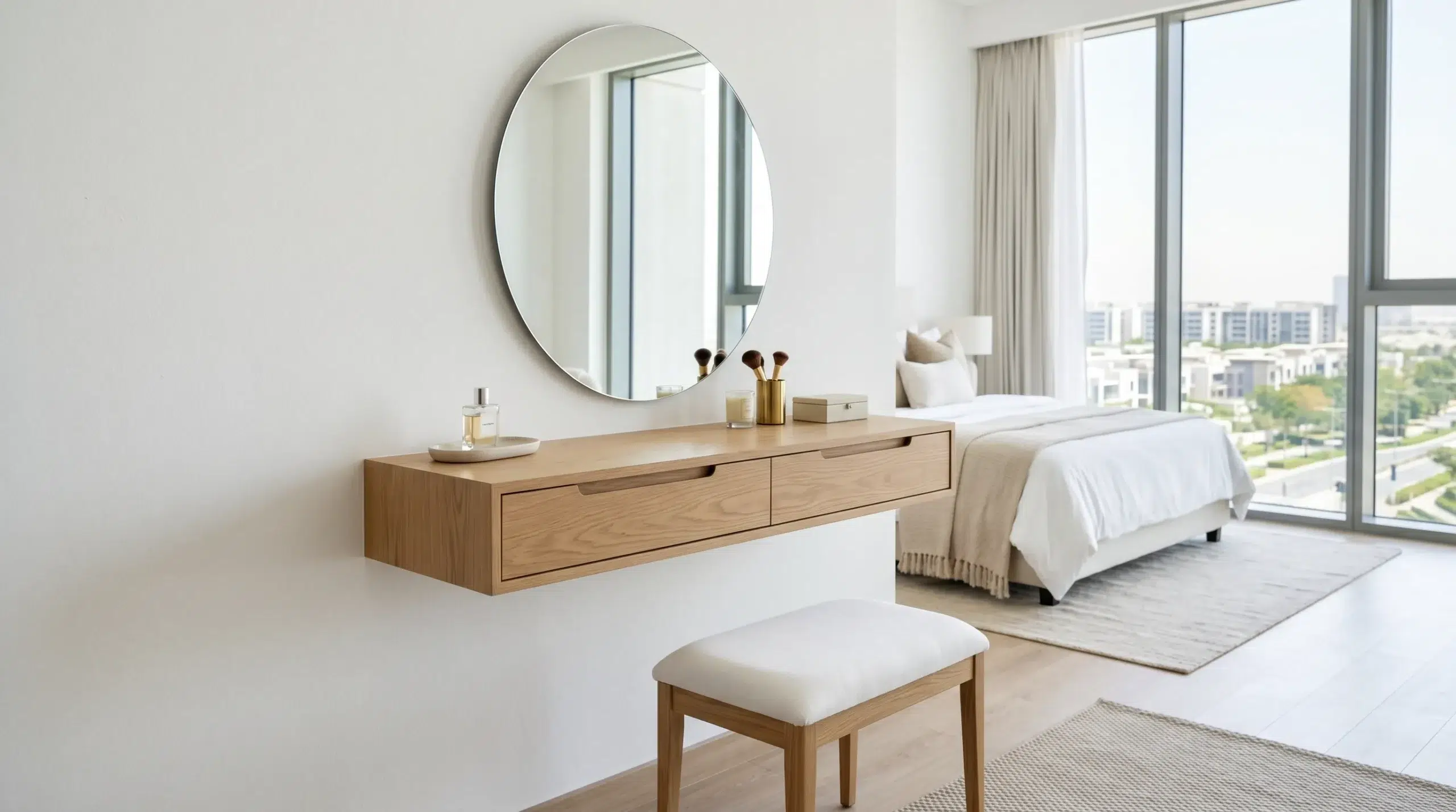 Wall-mounted dressing table Dubai — floating vanity unit for small UAE apartment bedrooms by Karnak Home