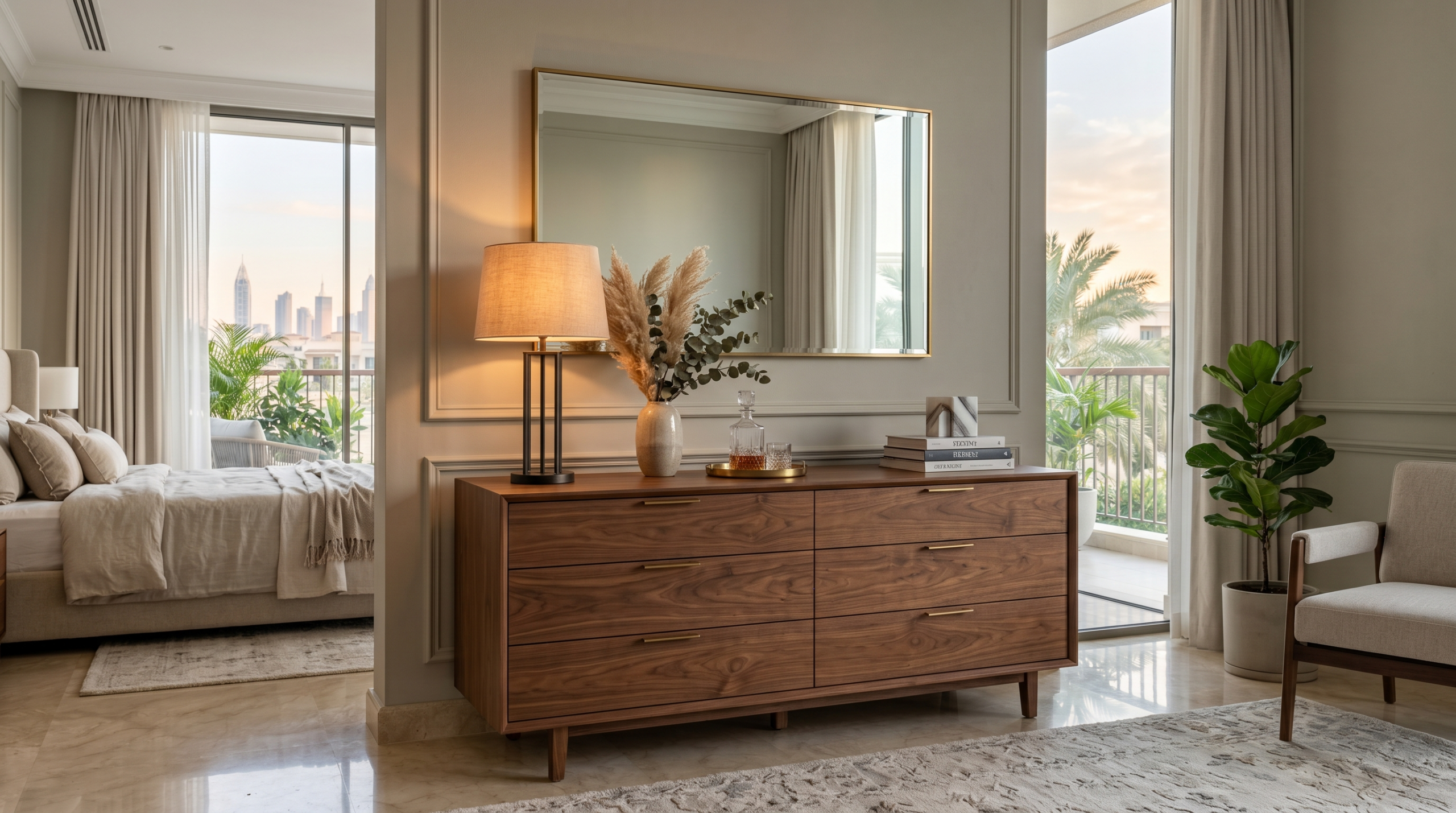 Wide chest of drawers Dubai ā six-drawer walnut bedroom storage unit by Karnak Home
