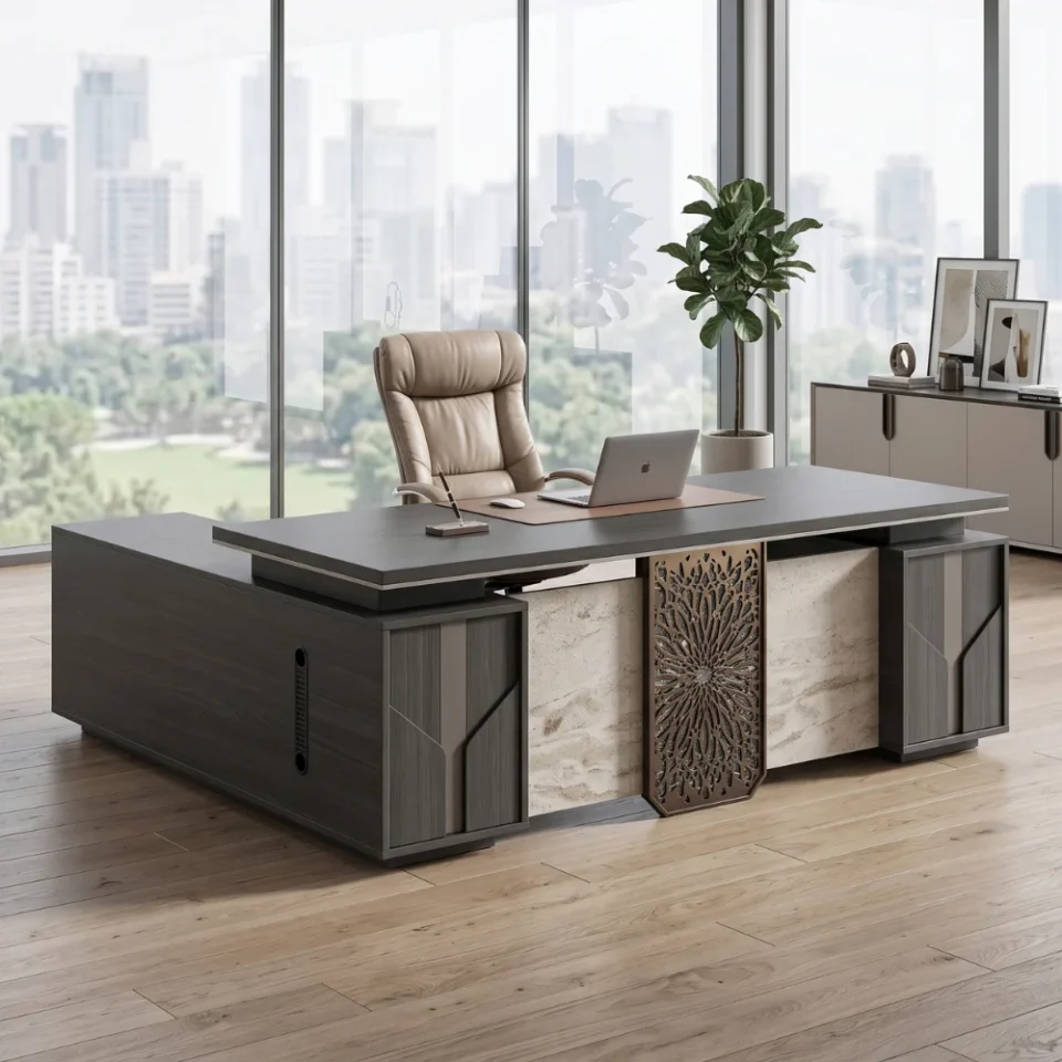 Ashey L Shape 2.0 Manager Office Table – Grey…