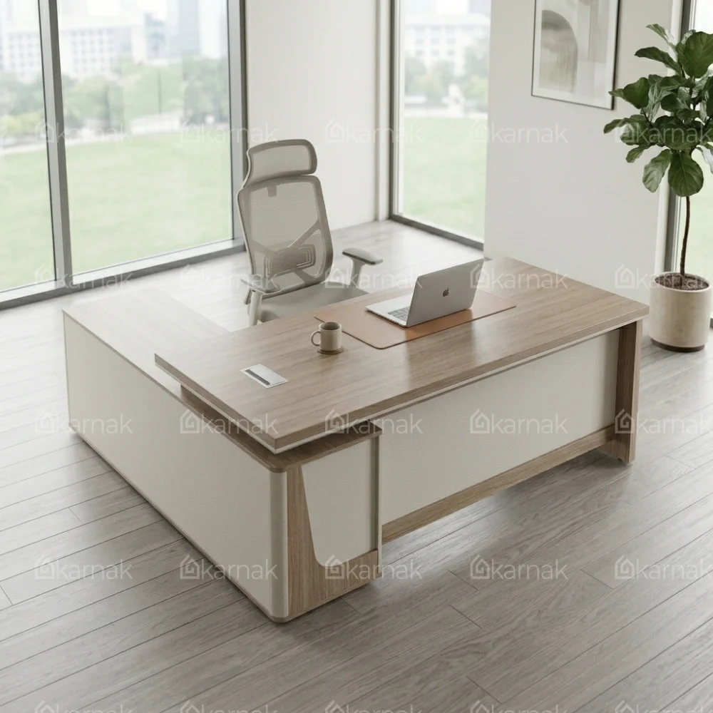 Avorio L Shape Manager Office Desk – Oak + Khaki