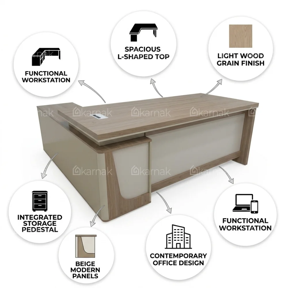 Avorio L Shape Manager Office Desk – Oak + Khaki