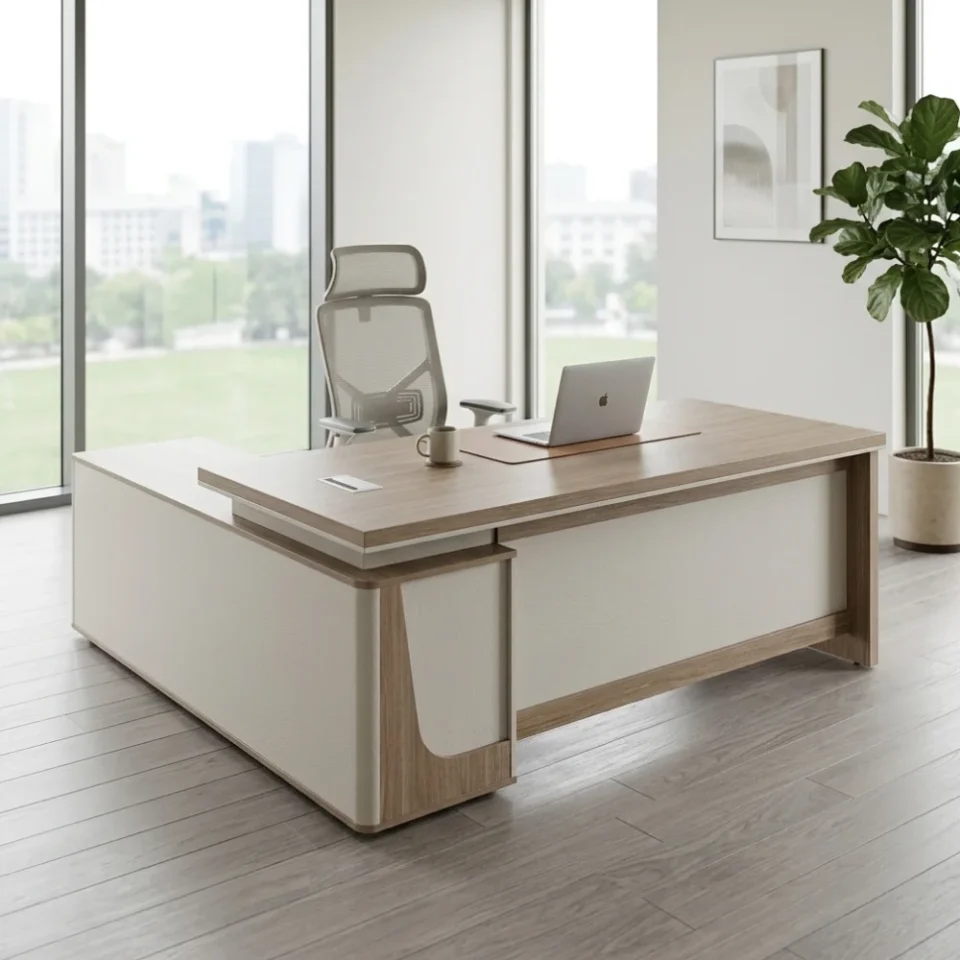 Avorio L Shape Manager Office Desk – Oak + Khaki…