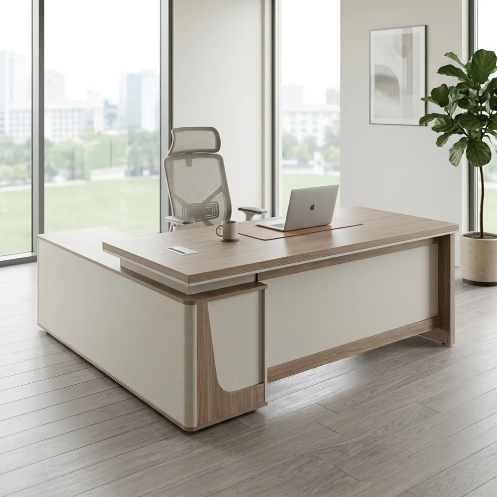 Avorio L Shape Manager Office Desk – Oak + Khaki