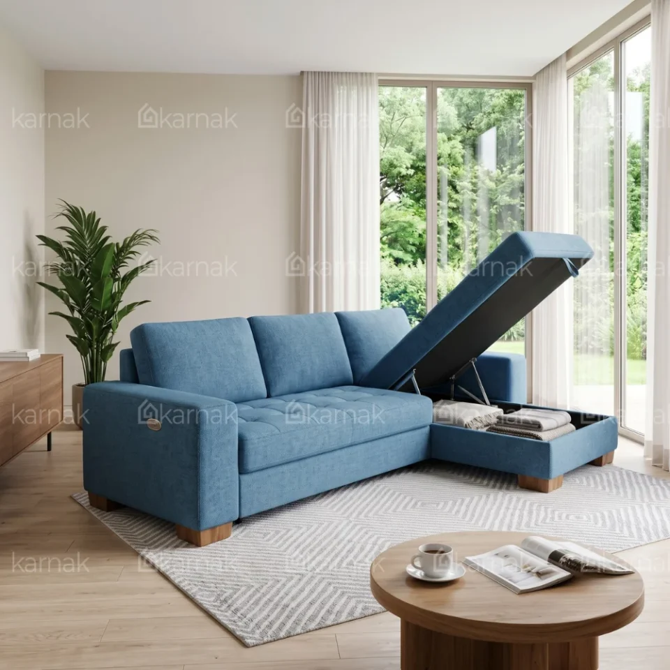 Orvex L-Shape Sofa With Storage – Blue…