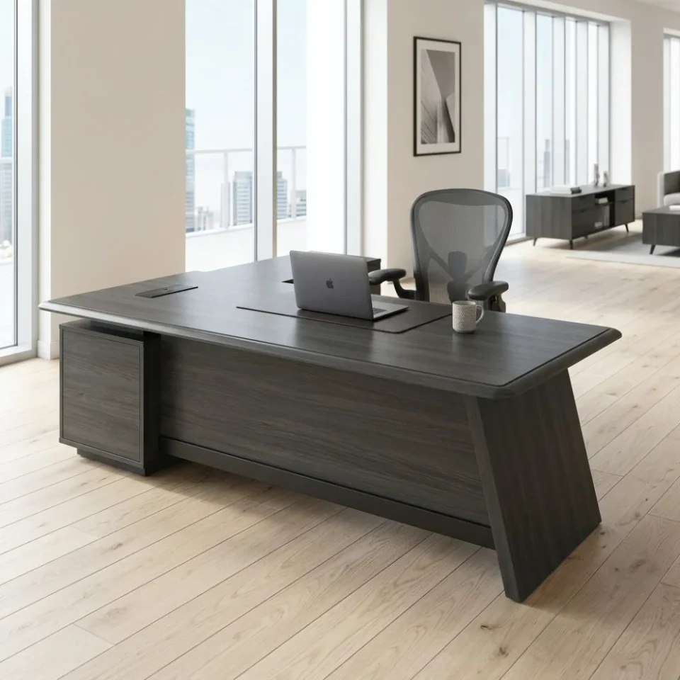 Ashe L Shape Manager Office Table – Coffee + Grey…