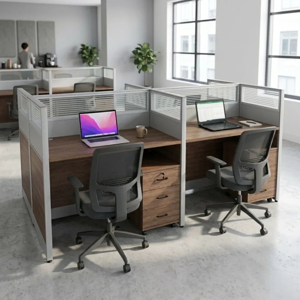 Stepaside Four Person Workstation – Coffee + Grey…