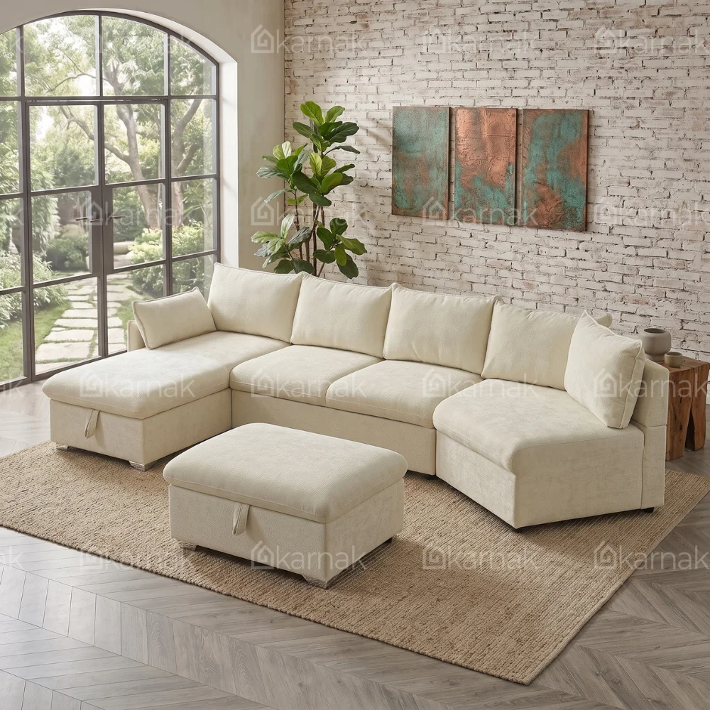 Lurvex L-Shape Sectional Pull-Out Sofa Bed – Cream