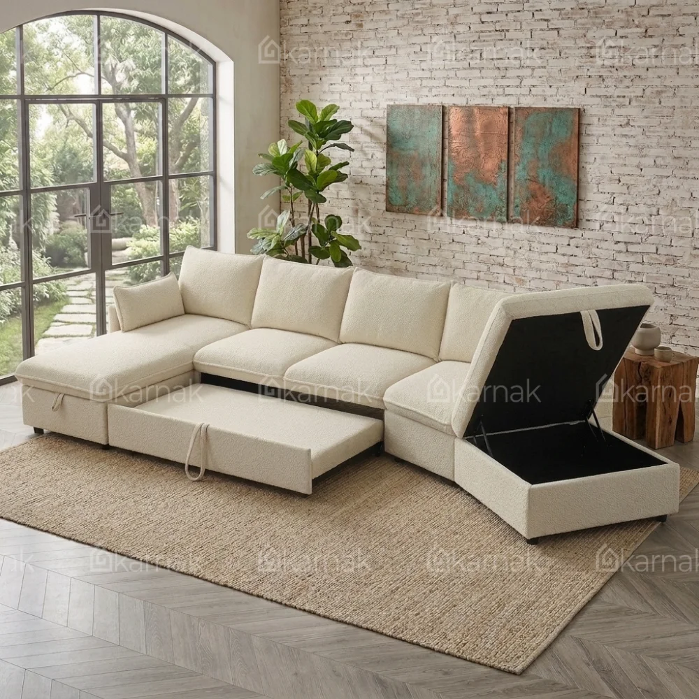 Lurvex L-Shape Sectional Pull-Out Sofa Bed – Cream