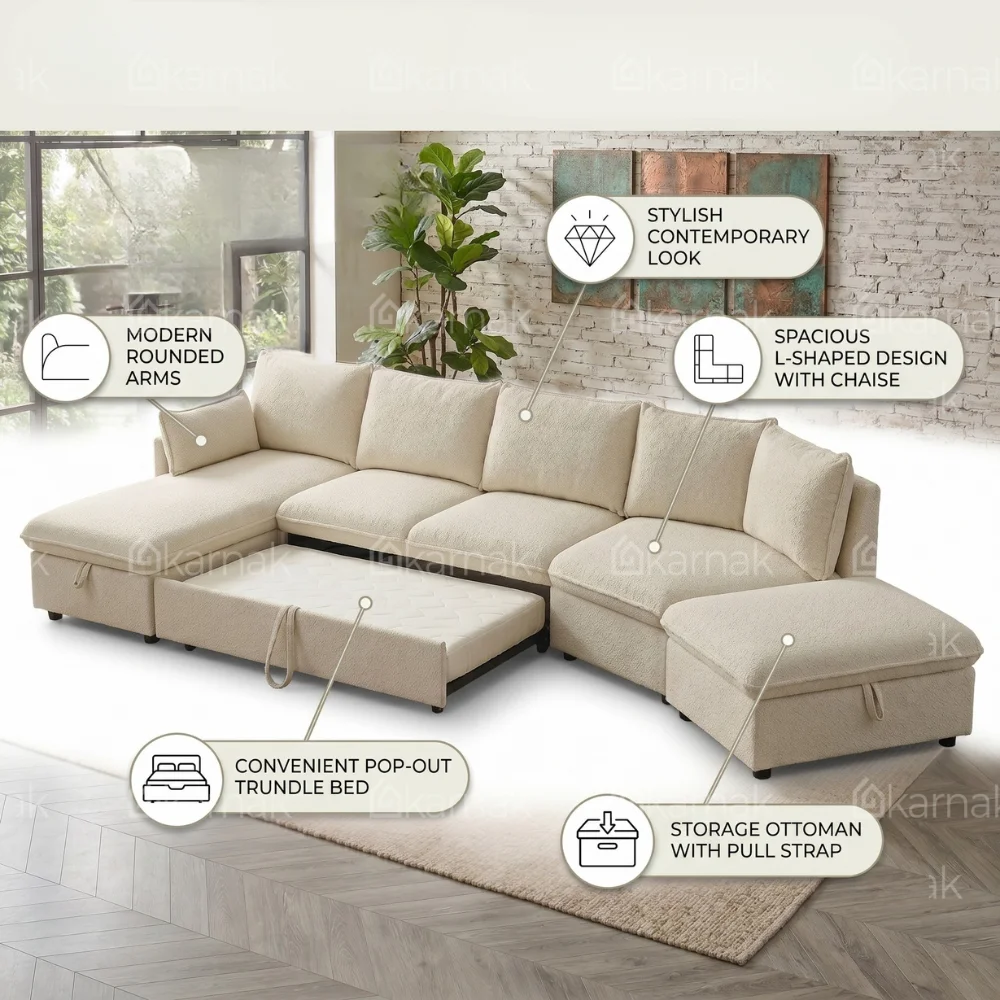 Lurvex L-Shape Sectional Pull-Out Sofa Bed – Cream