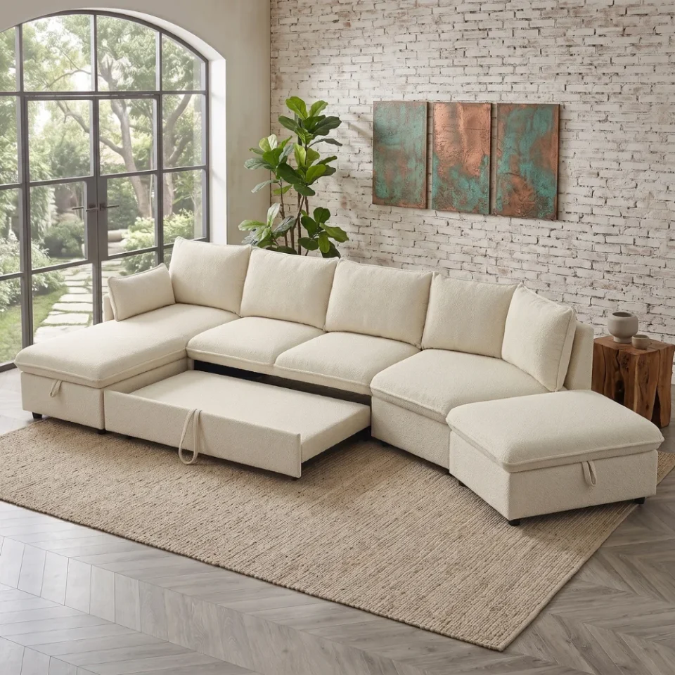 Lurvex L-Shape Sectional Pull-Out Sofa Bed – Cream…