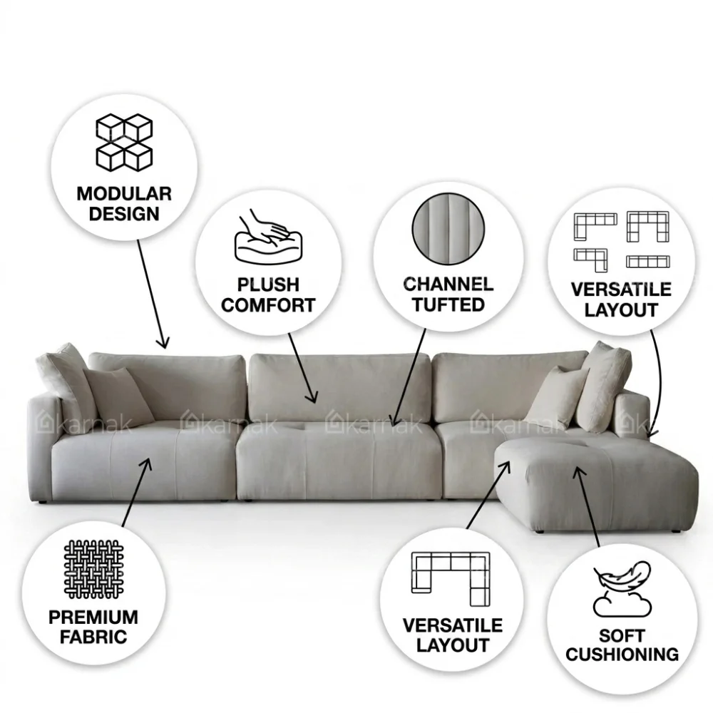 Lurvona L-Shape Sofa + Ottoman – Cream