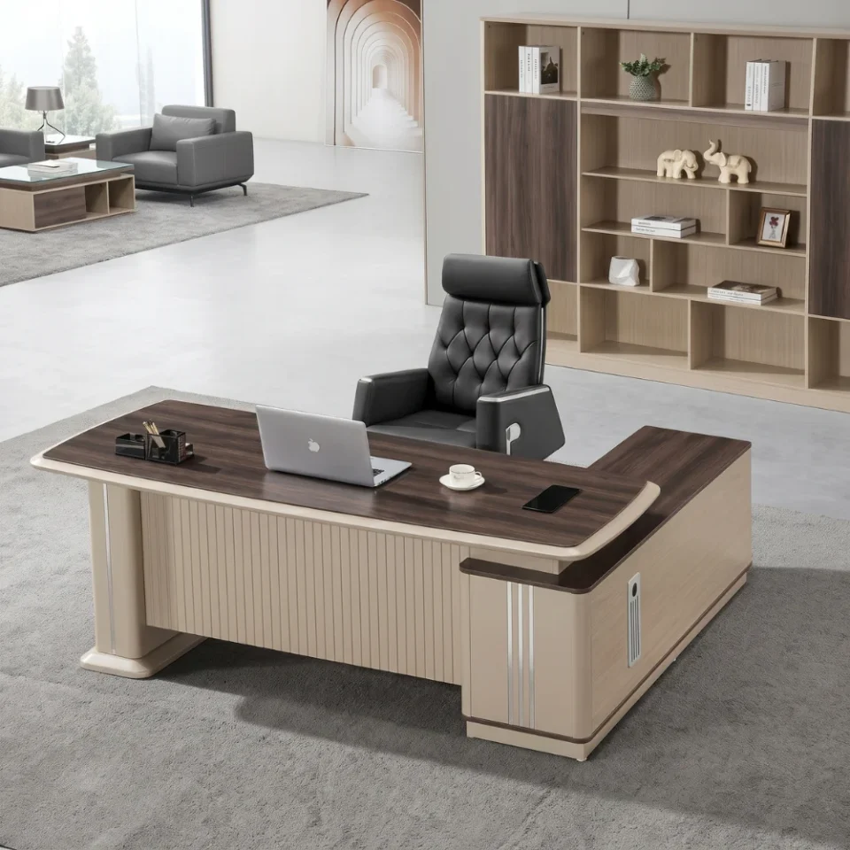 Ramil L Shape Office Desk 1.8 Oak + Khaki…