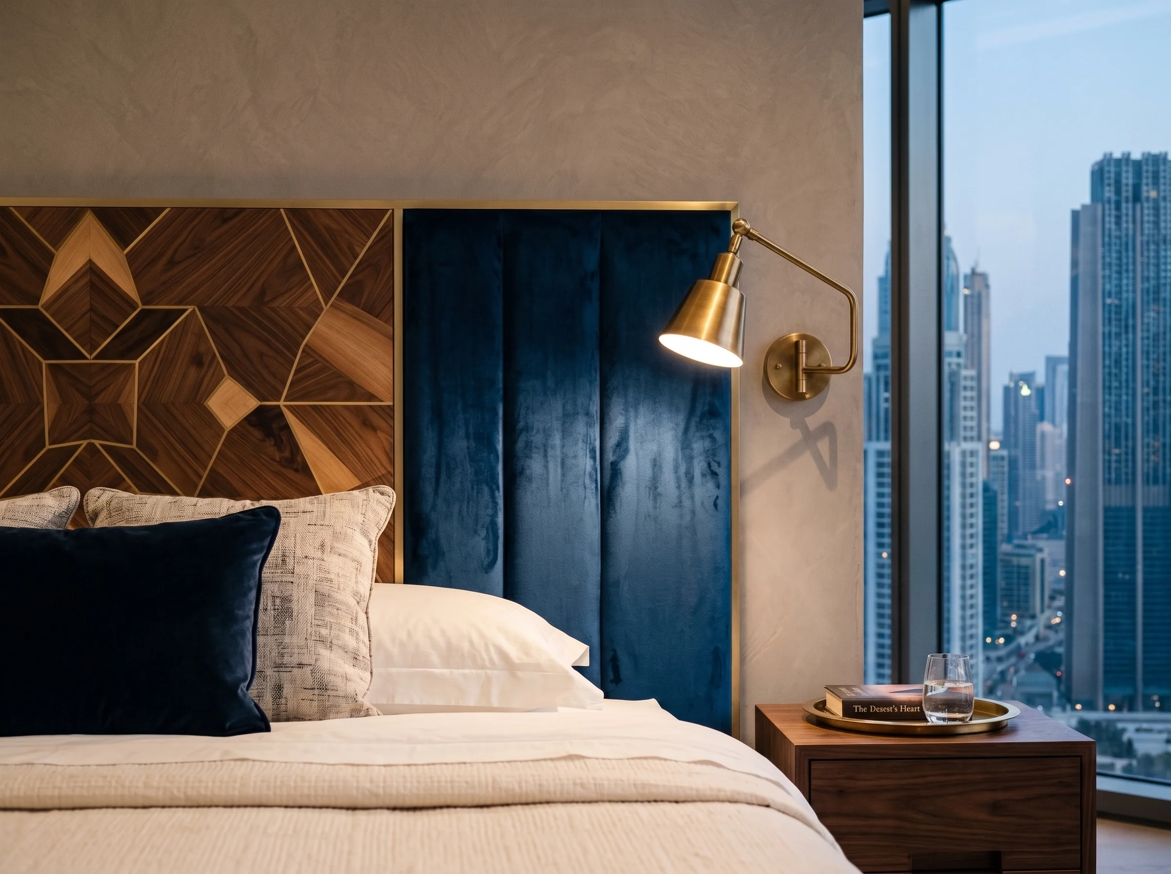 Geometric wood inlay detail on modern Arabic-style bedroom headboard in Dubai home