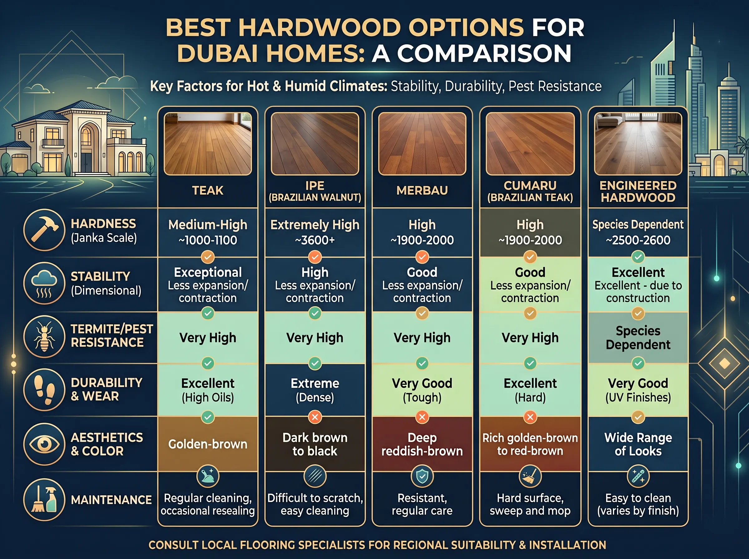 Samples of durable hardwood flooring options suitable for high-humidity climates like Dubai, featuring teak, oak, and
