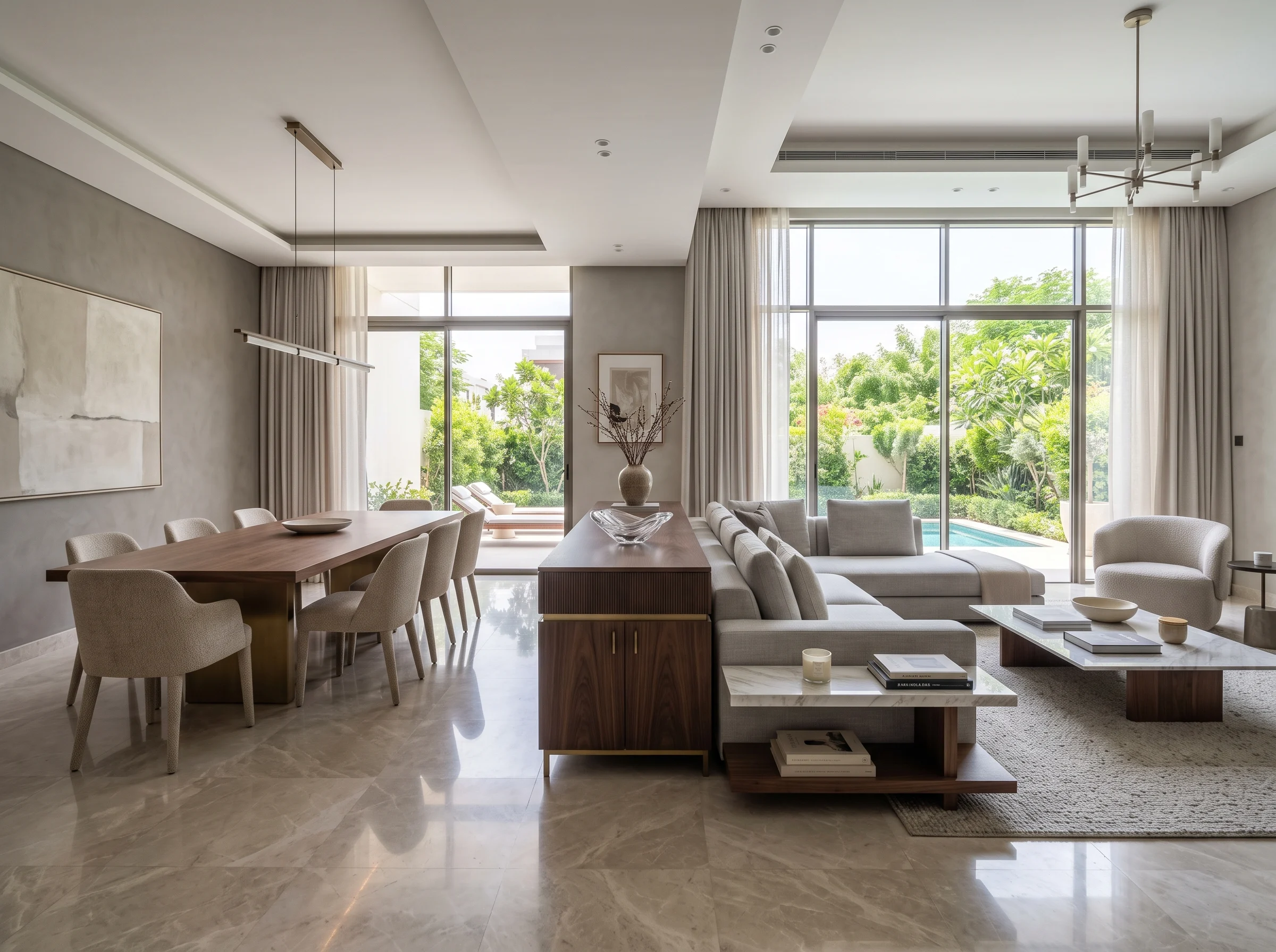 Modern wooden buffet cabinet in an open-plan Dubai living and dining room with elegant contemporary interior