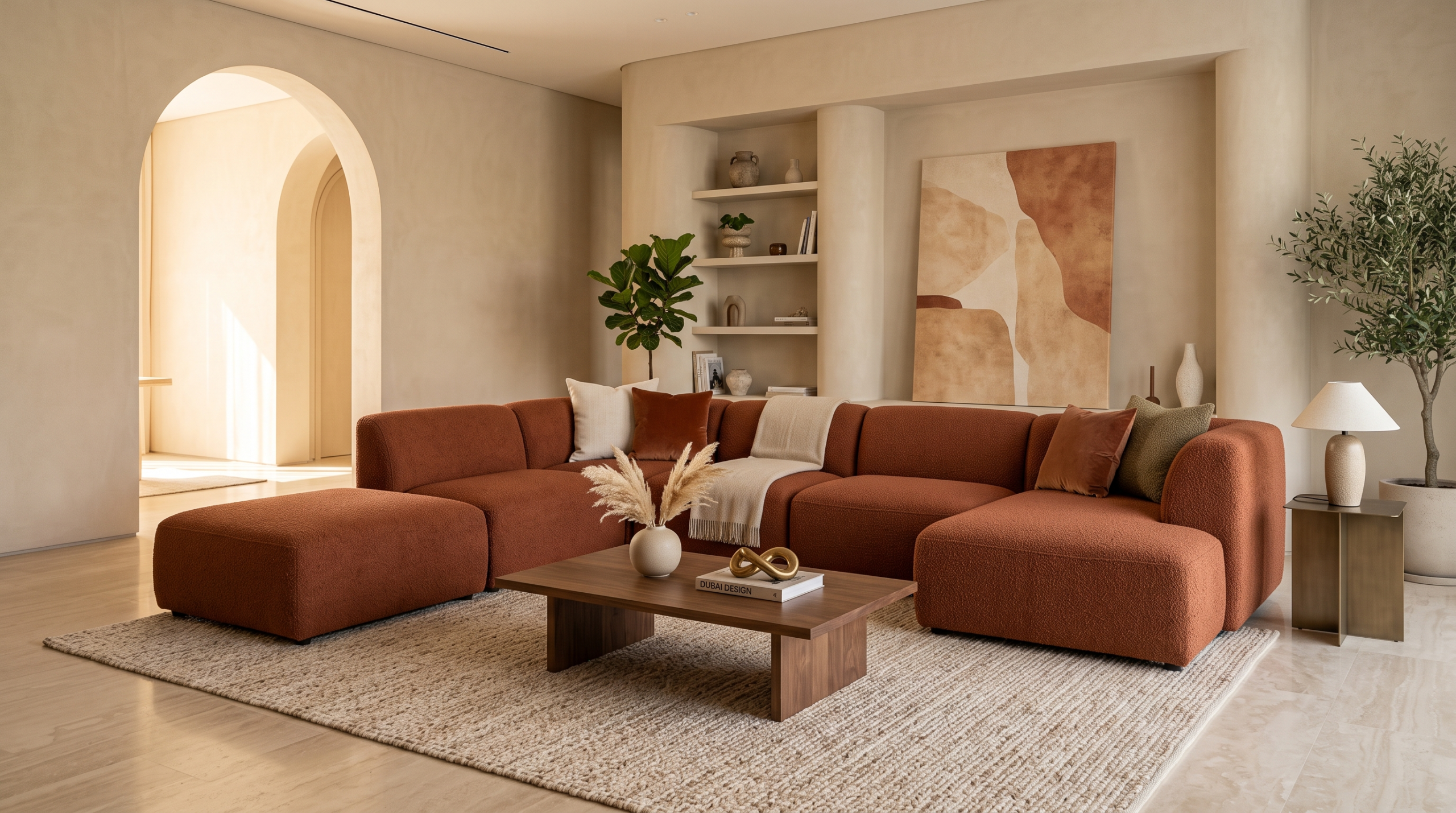 Modern modular corner sofa in a Dubai majlis-style living room, 2026 interior design trend