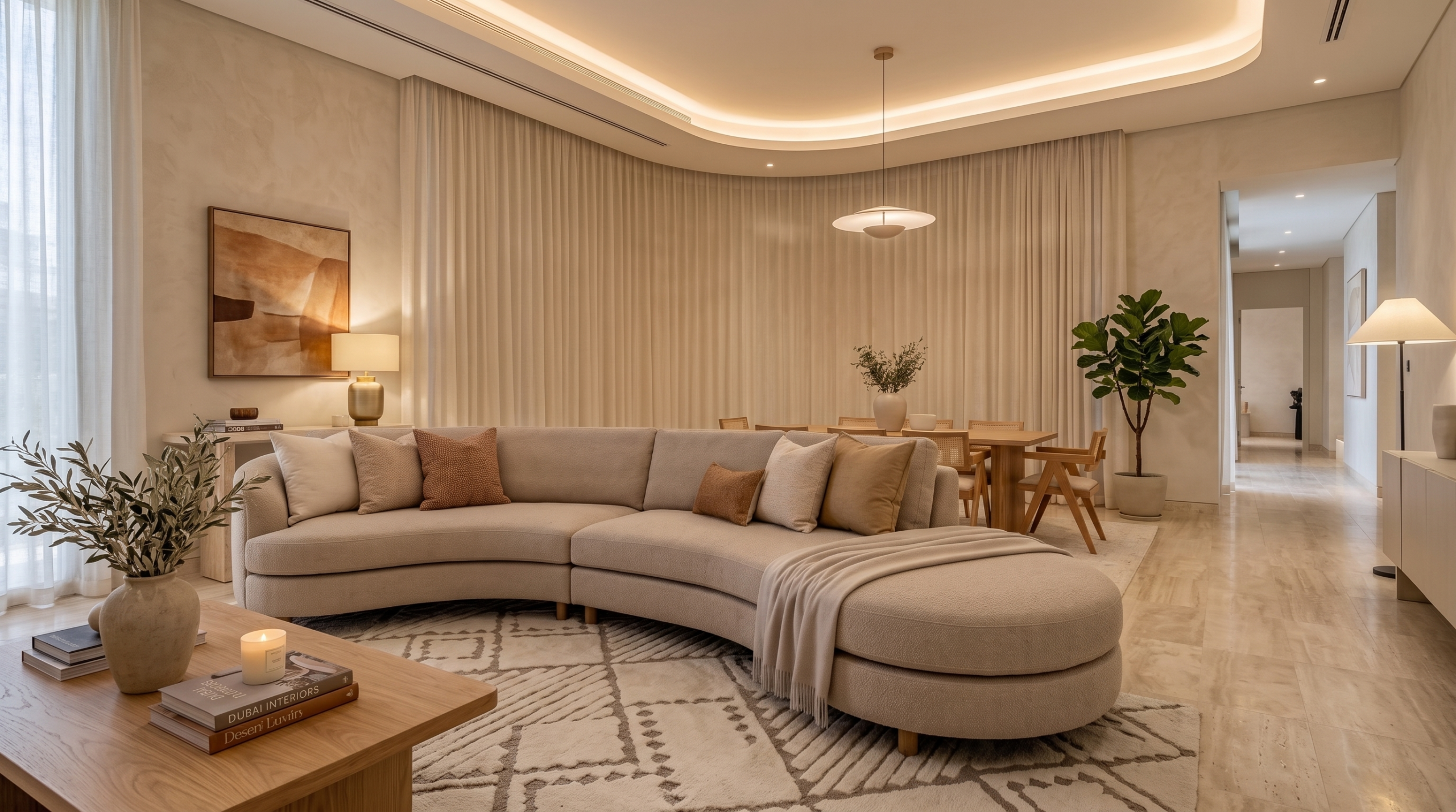 Curved corner sofa with rounded chaise in a modern Dubai villa living room
