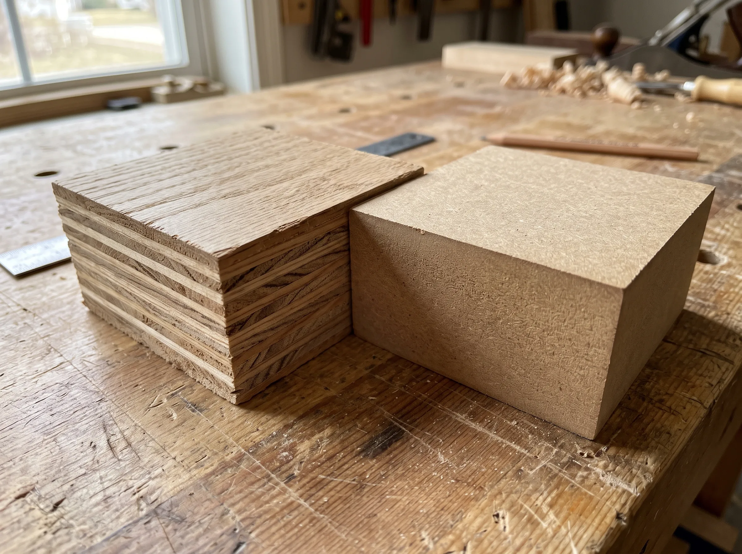 Side-by-side structural comparison showing the cross-section layers of engineered wood versus the smooth, dense composition of Medium-Density Fiberboard (MDF).