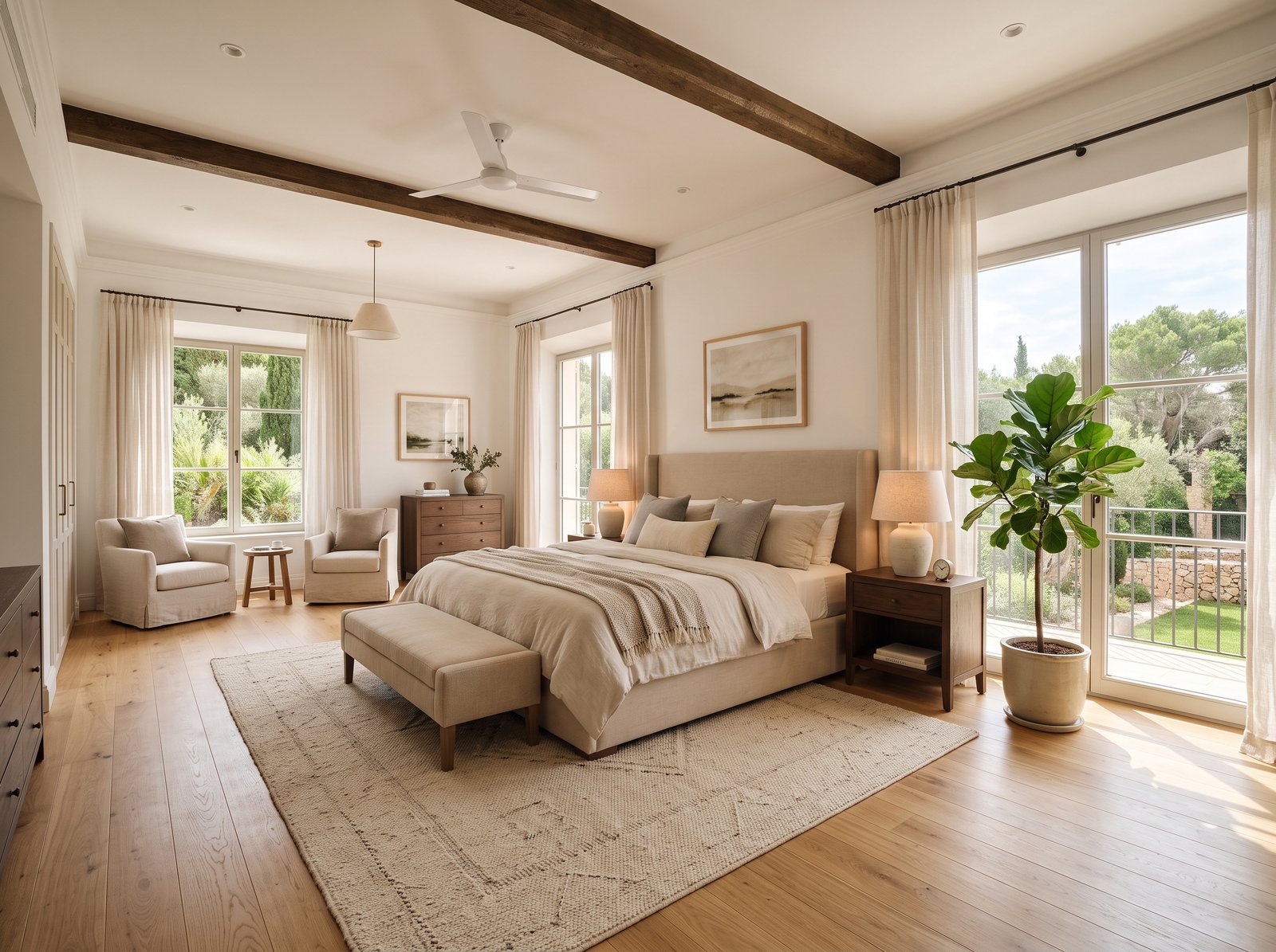 King size upholstered bed in spacious UAE villa master bedroom
