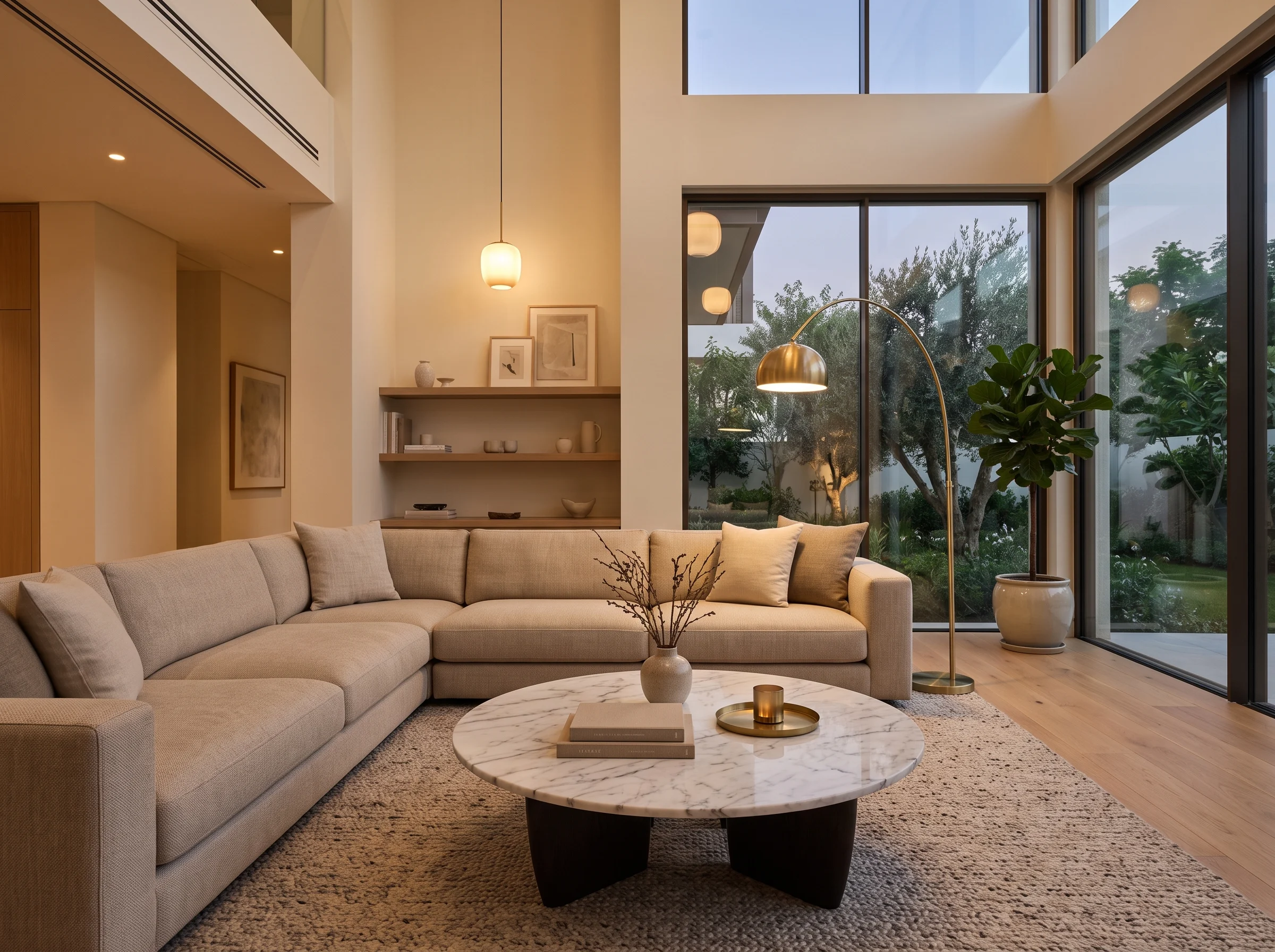 Round marble center table paired with an L shaped sofa in a modern living room