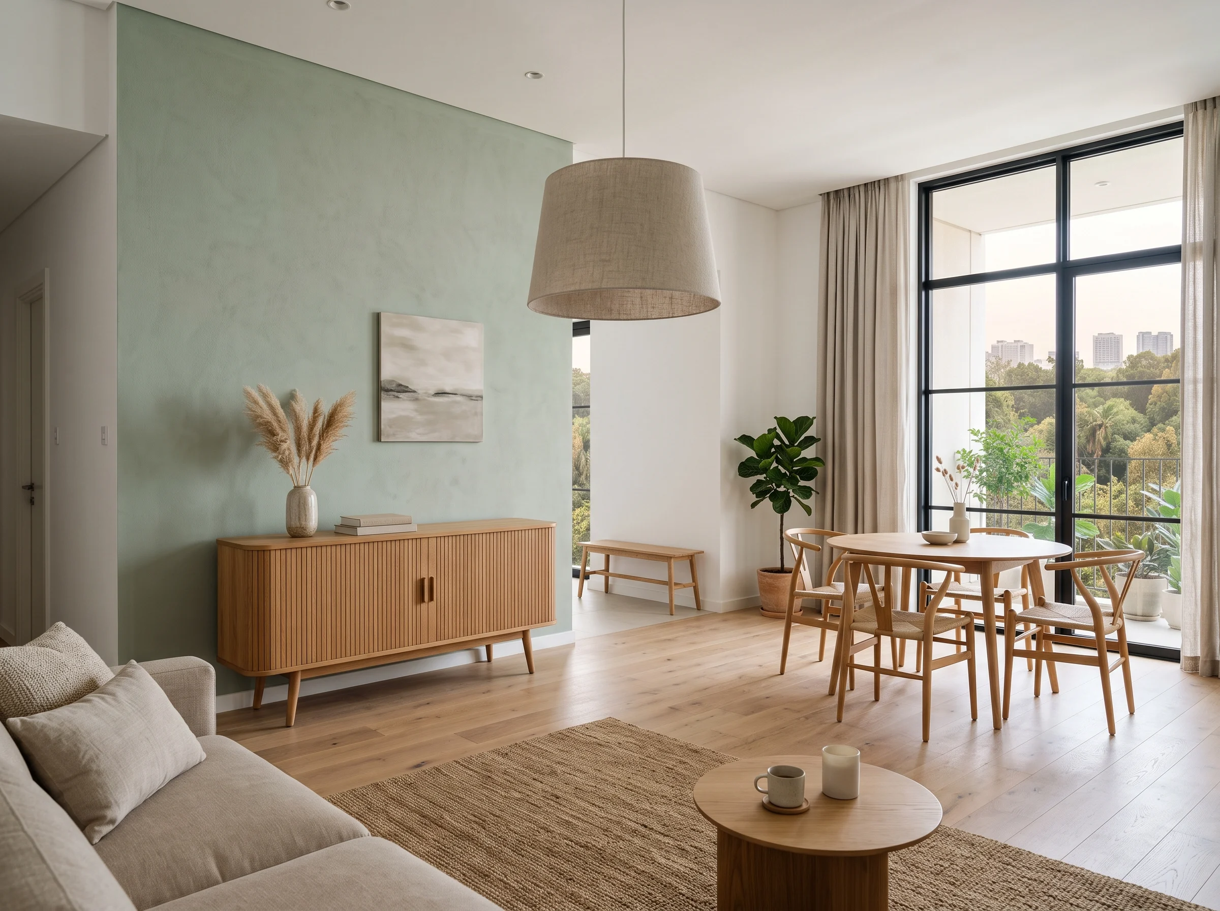 Minimalist buffet cabinet in a bright open-plan apartment in Dubai