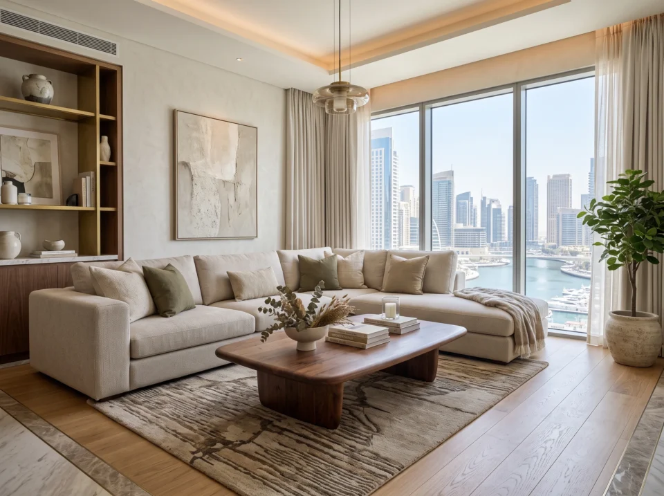 Modern wooden center table in a contemporary Dubai living room