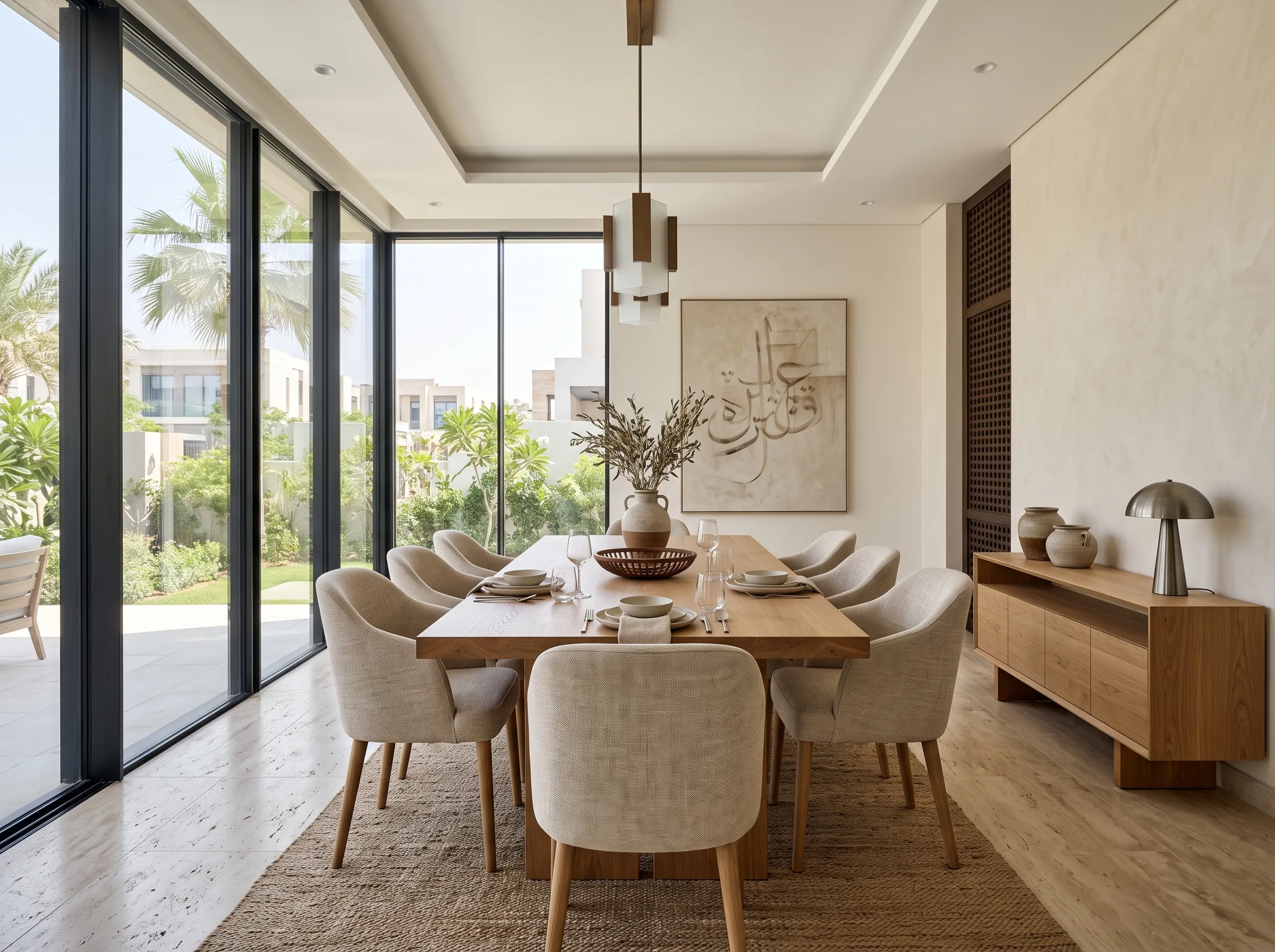 A dining room combining modern and traditional furniture styles for UAE homes.