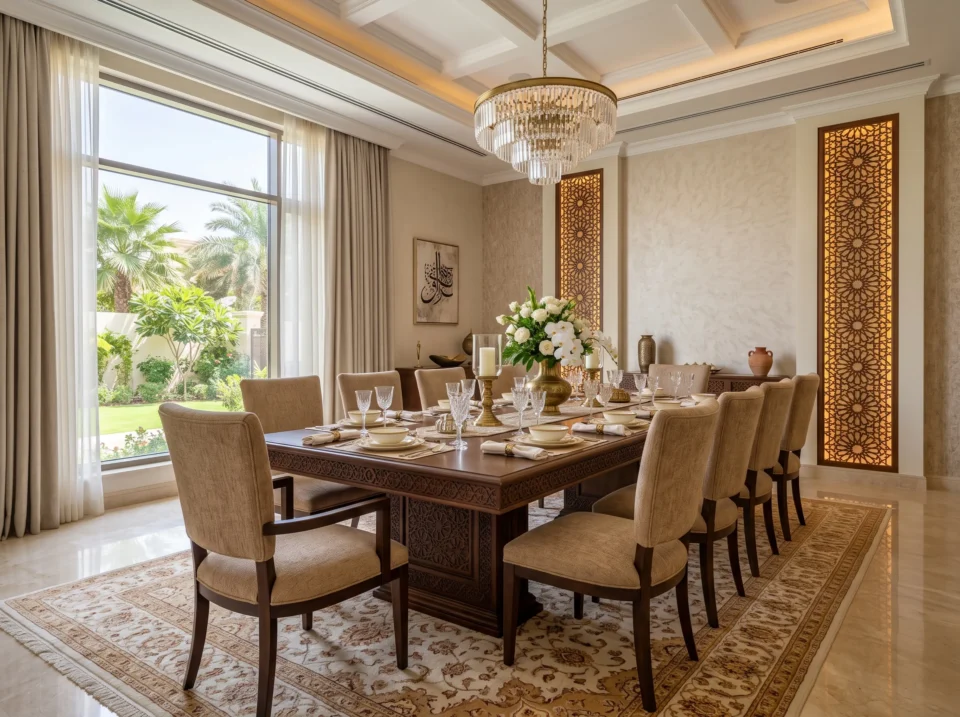 Modern and traditional dining room furniture in a majlis style UAE home