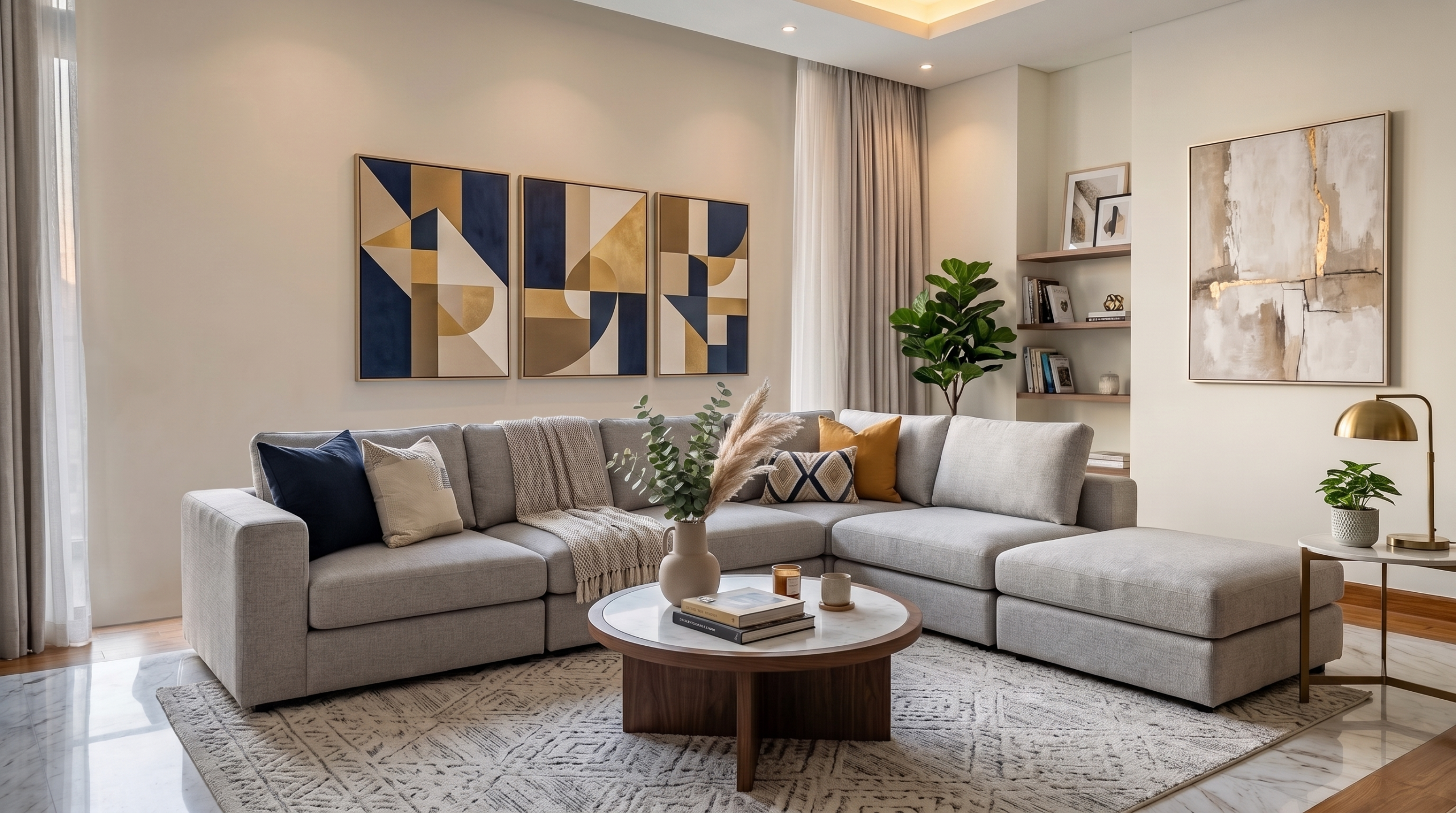 Modular corner sofa reconfigured into separate seating pieces for flexible Dubai living rooms