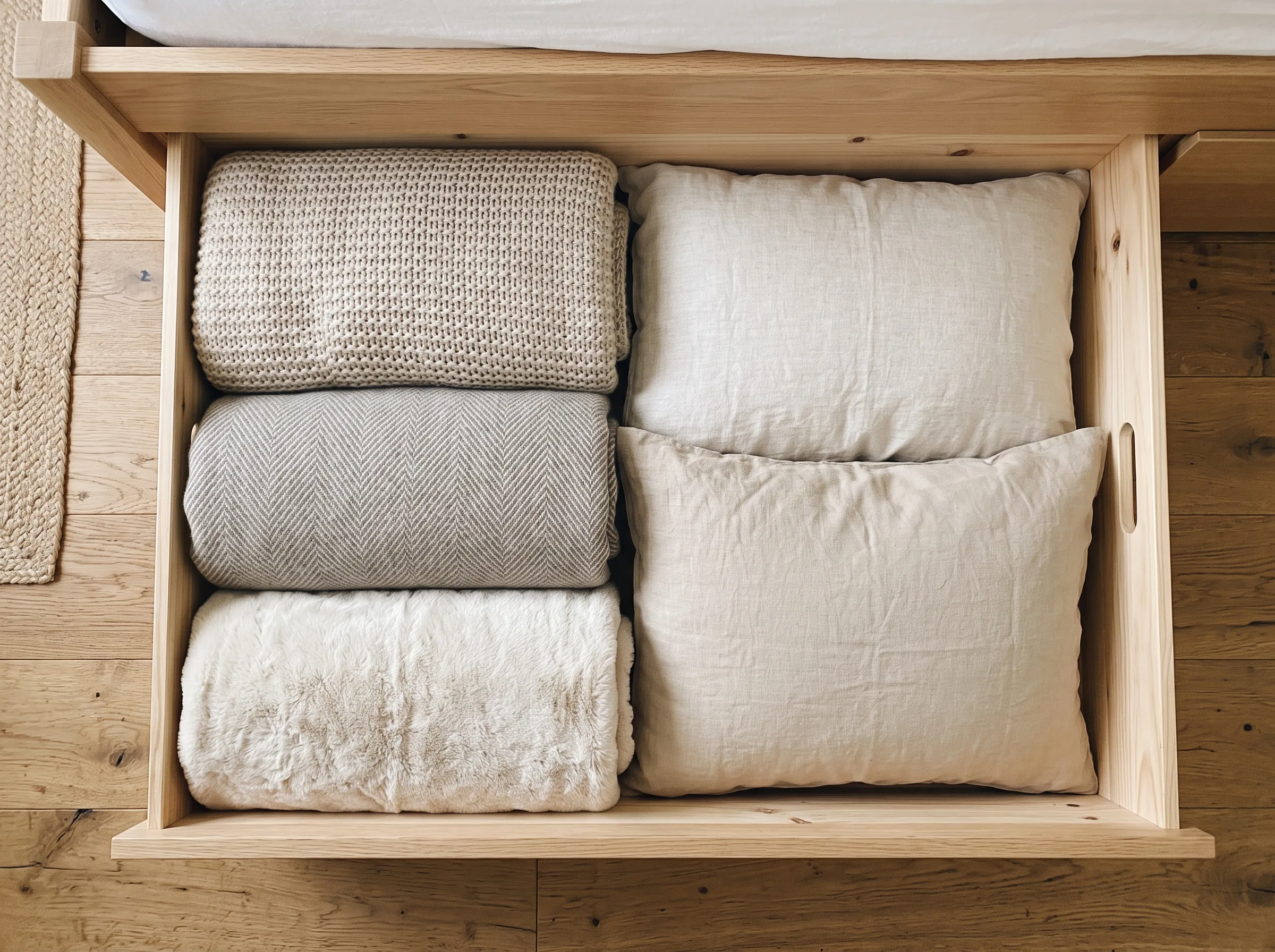 Organized storage bed compartment with folded blankets for UAE home