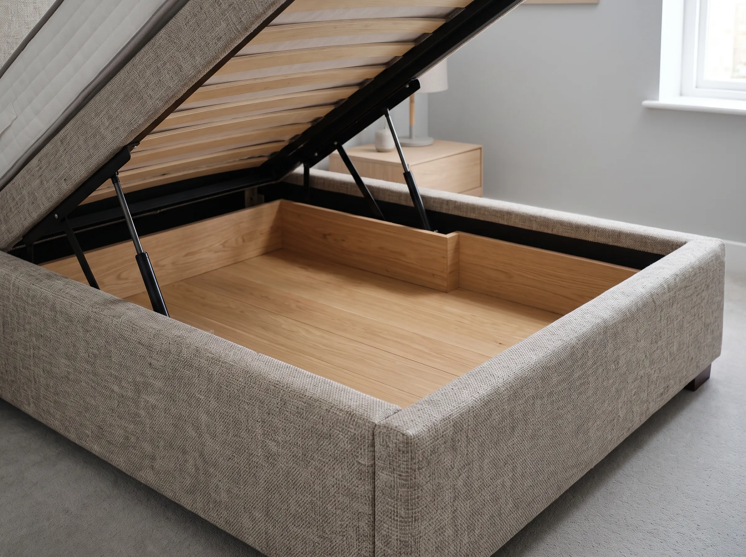 Ottoman storage bed hydraulic mechanism showing open storage compartment