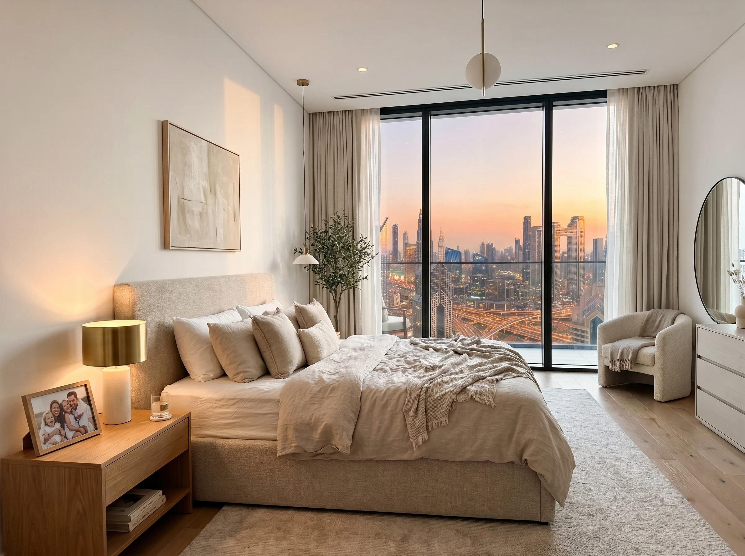 Perfect bed size Dubai family home master bedroom with king bed