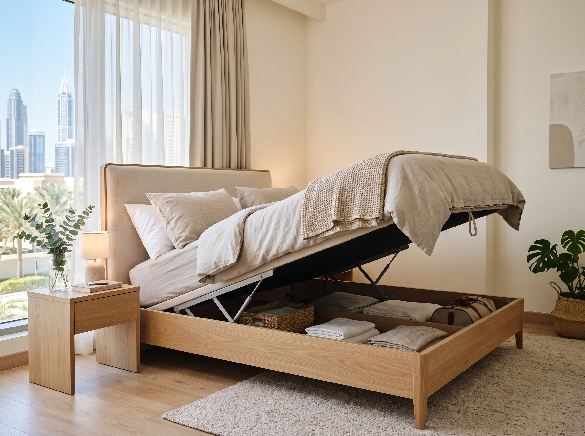 Storage bed solutions for small UAE apartments showing hydraulic lift base