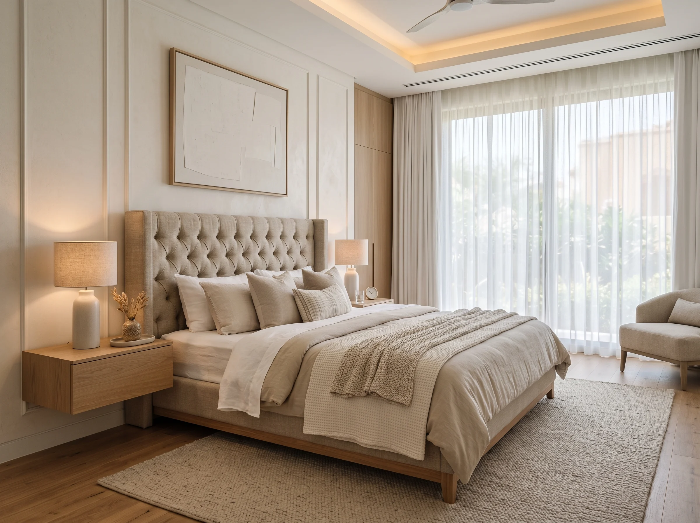 Upholstered bed Dubai with tufted linen headboard in a modern master bedroom