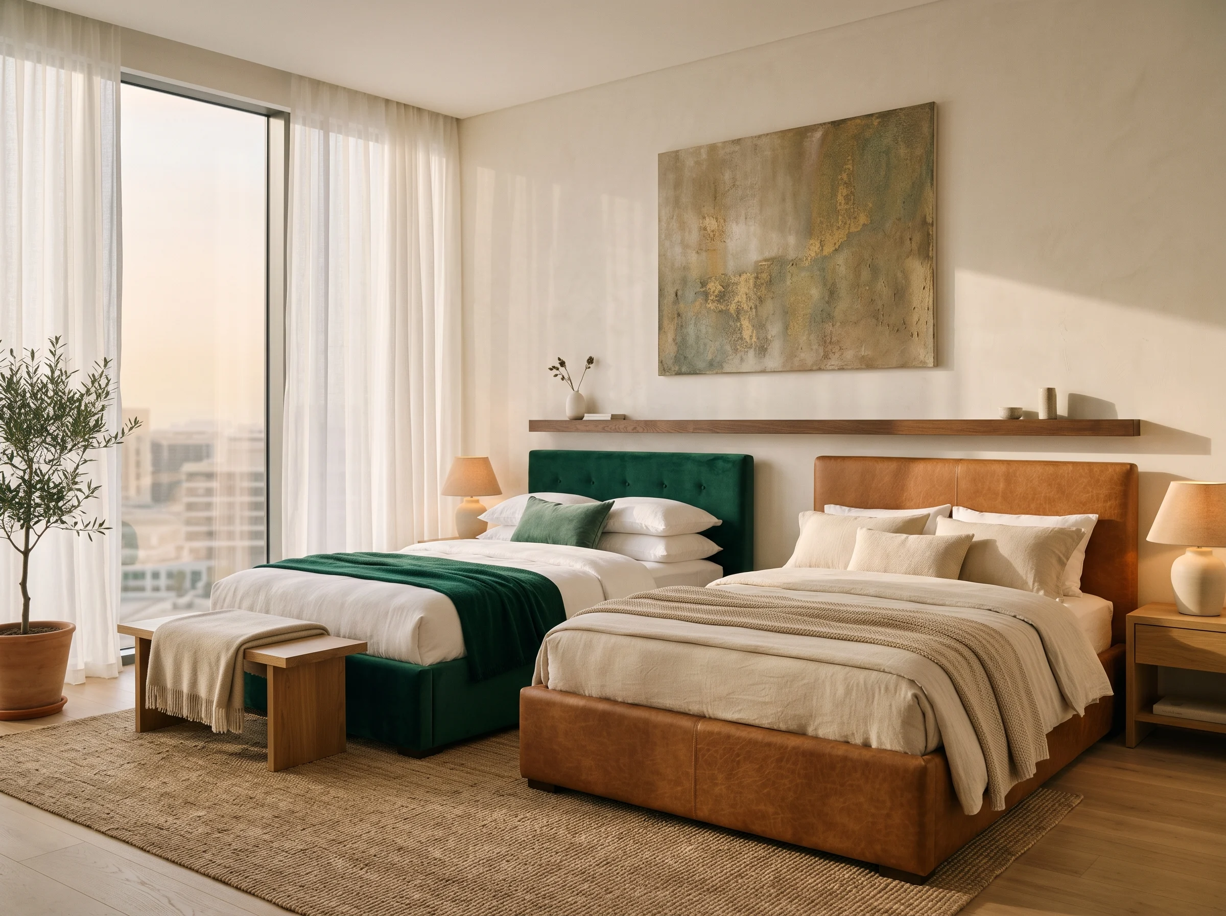 Velvet vs leather bed comparison in a Dubai bedroom setting