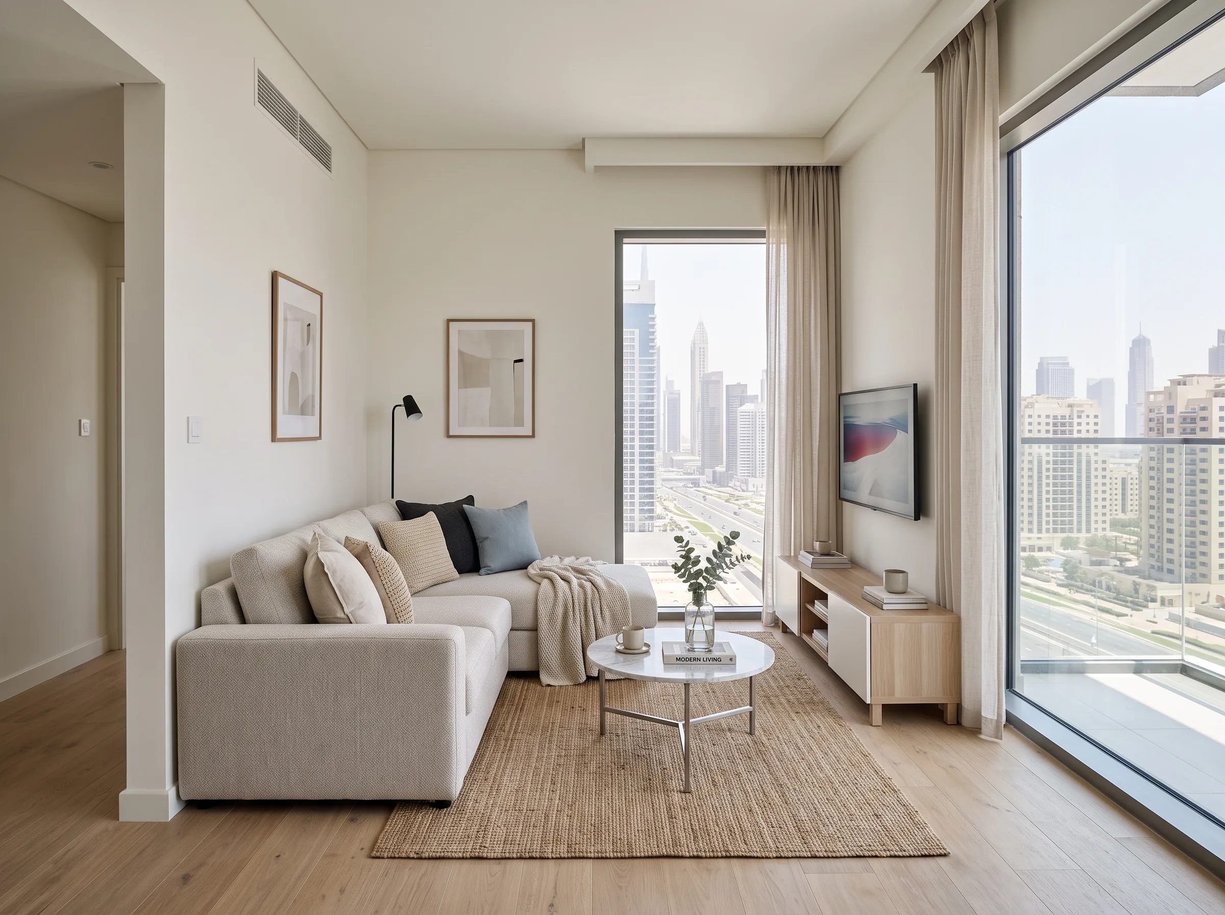 Compact L shape sofa under 280cm in a small Dubai apartment