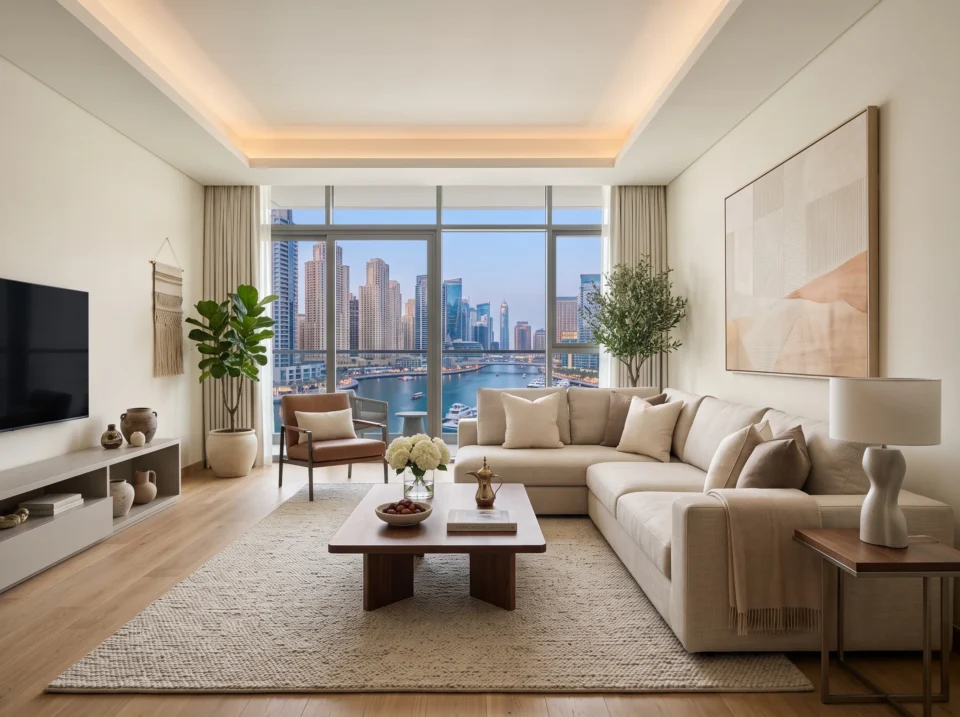 Custom vs ready-made L shape sofa in a modern Dubai living room