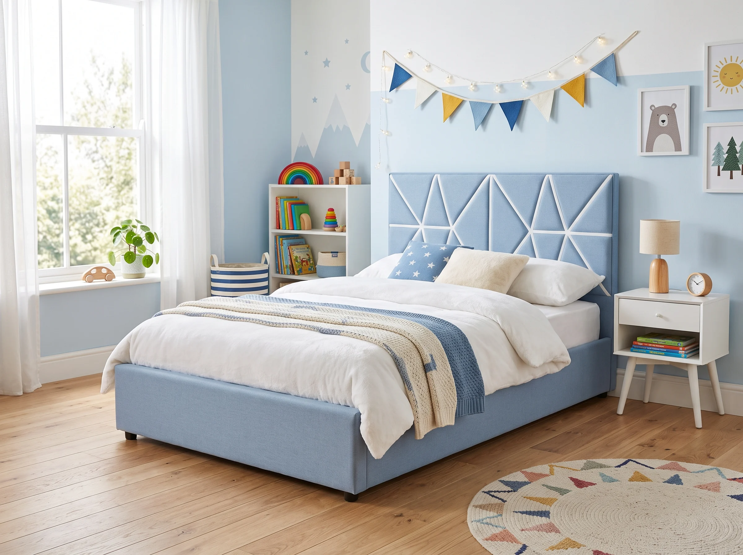 Comfortable double kids bed Dubai in blue tones for shared kids rooms