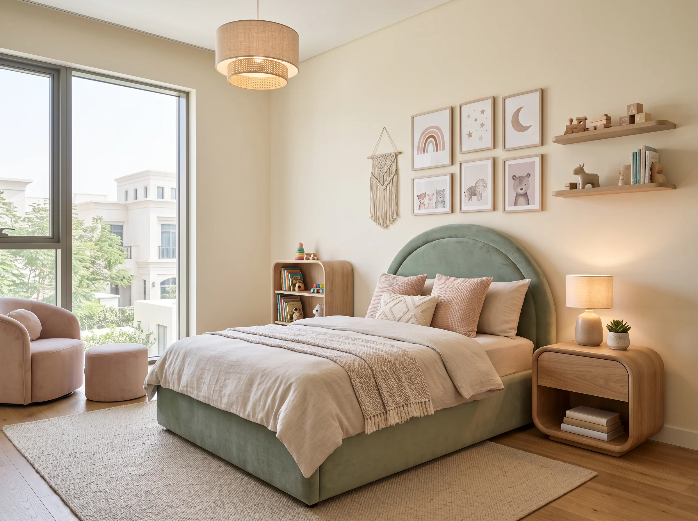 Kids velvet bed in a modern Dubai bedroom