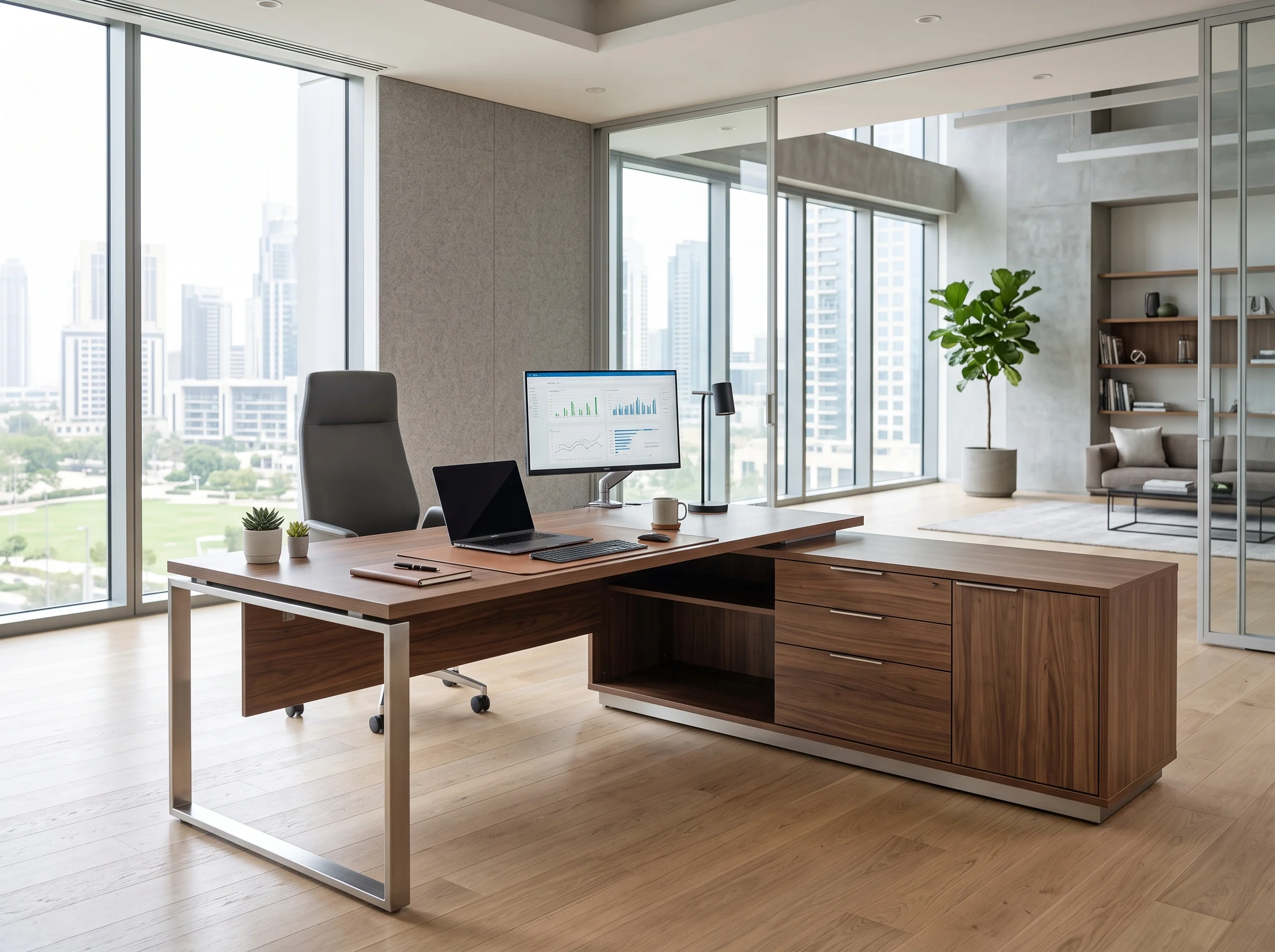L-Shape Executive Desk Dubai with modern storage solutions