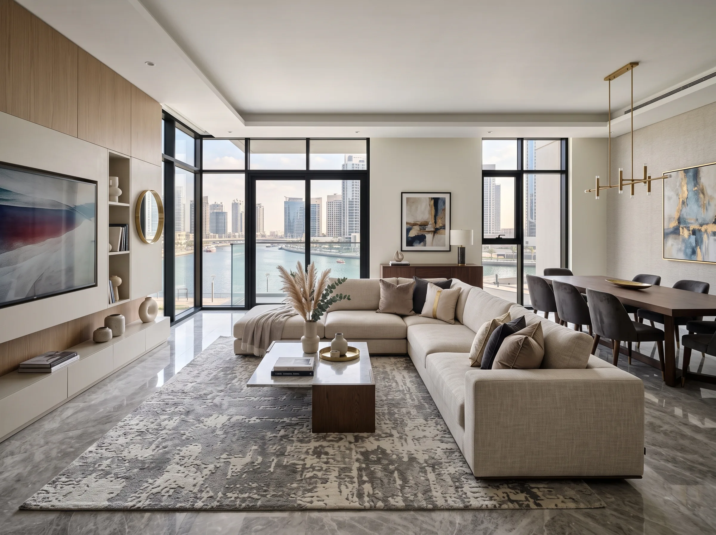 Modern L shape sofa layout for Business Bay and Downtown Dubai apartments