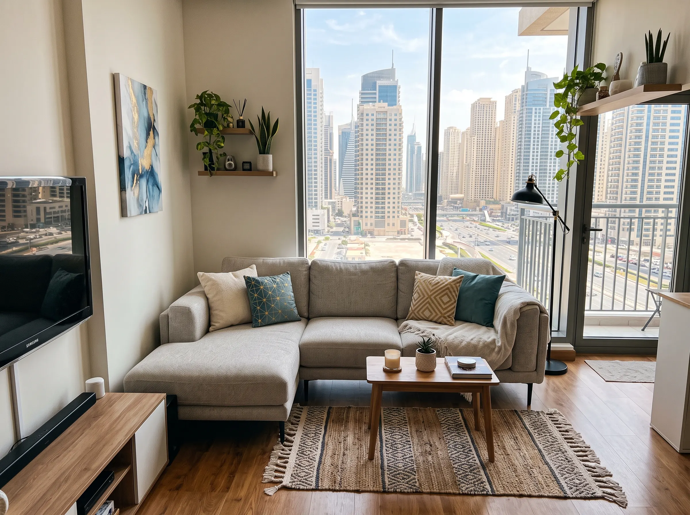 Contemporary L-shaped sofa setup in a modern Dubai apartment living area