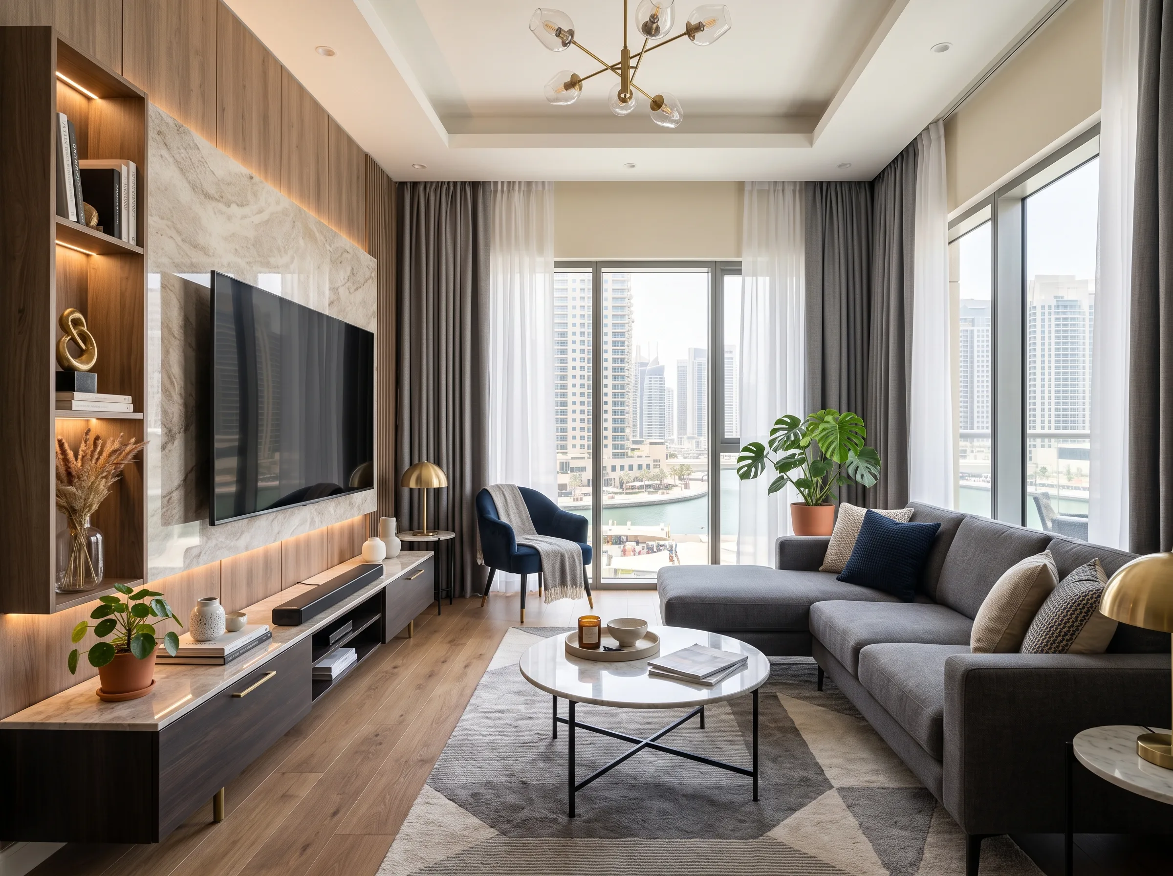L shape sofa in a Dubai Marina apartment living room