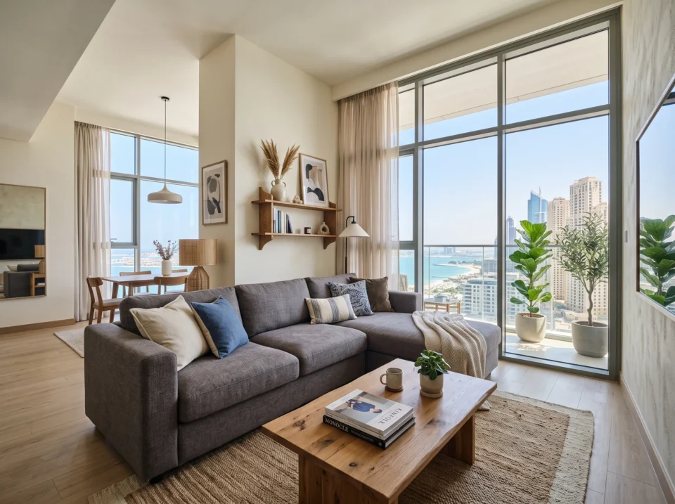 Modern L-shaped sectional sofa displayed in a Dubai living room