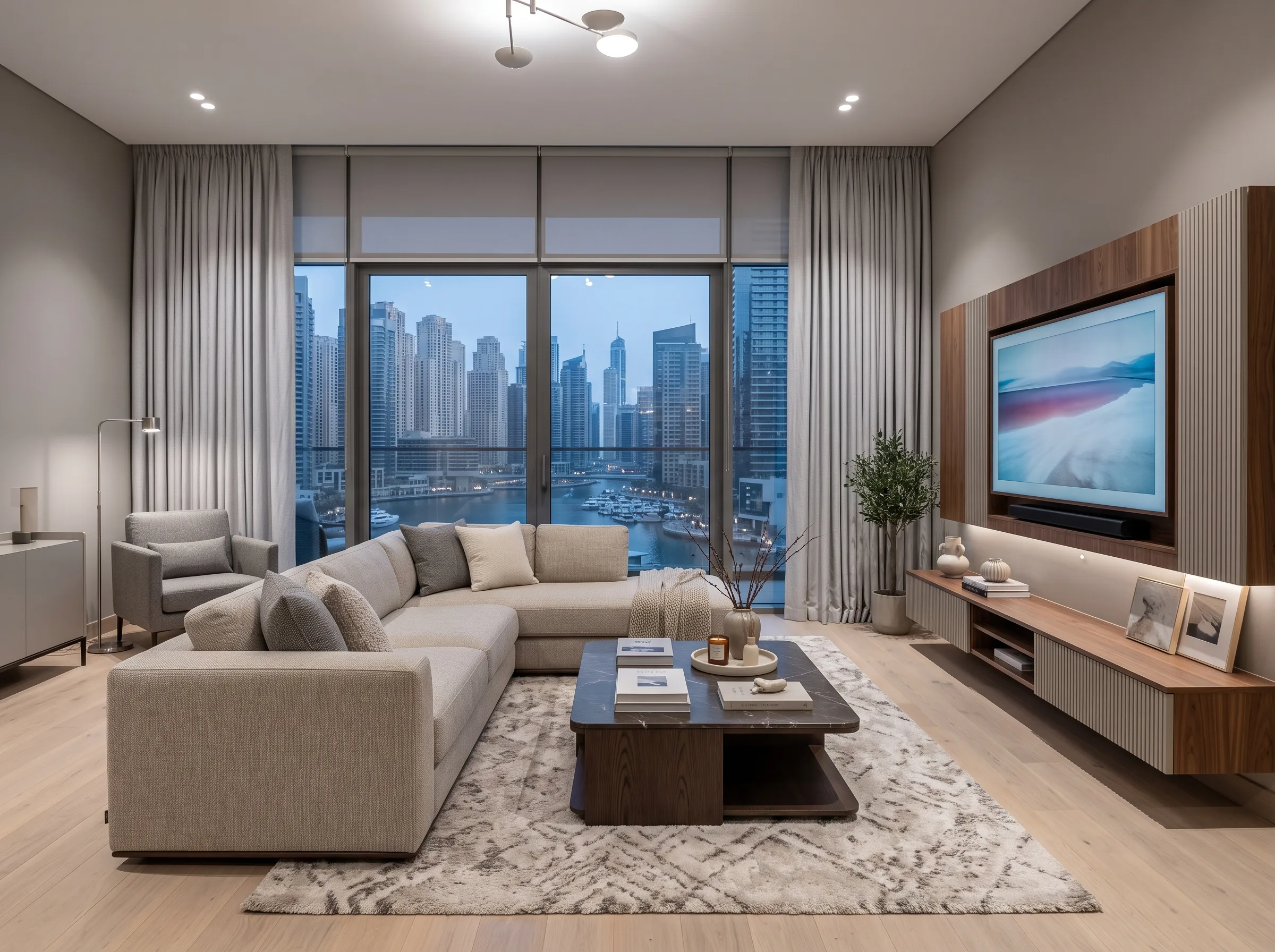 Modern living room furniture featuring a durable coffee table in Dubai.