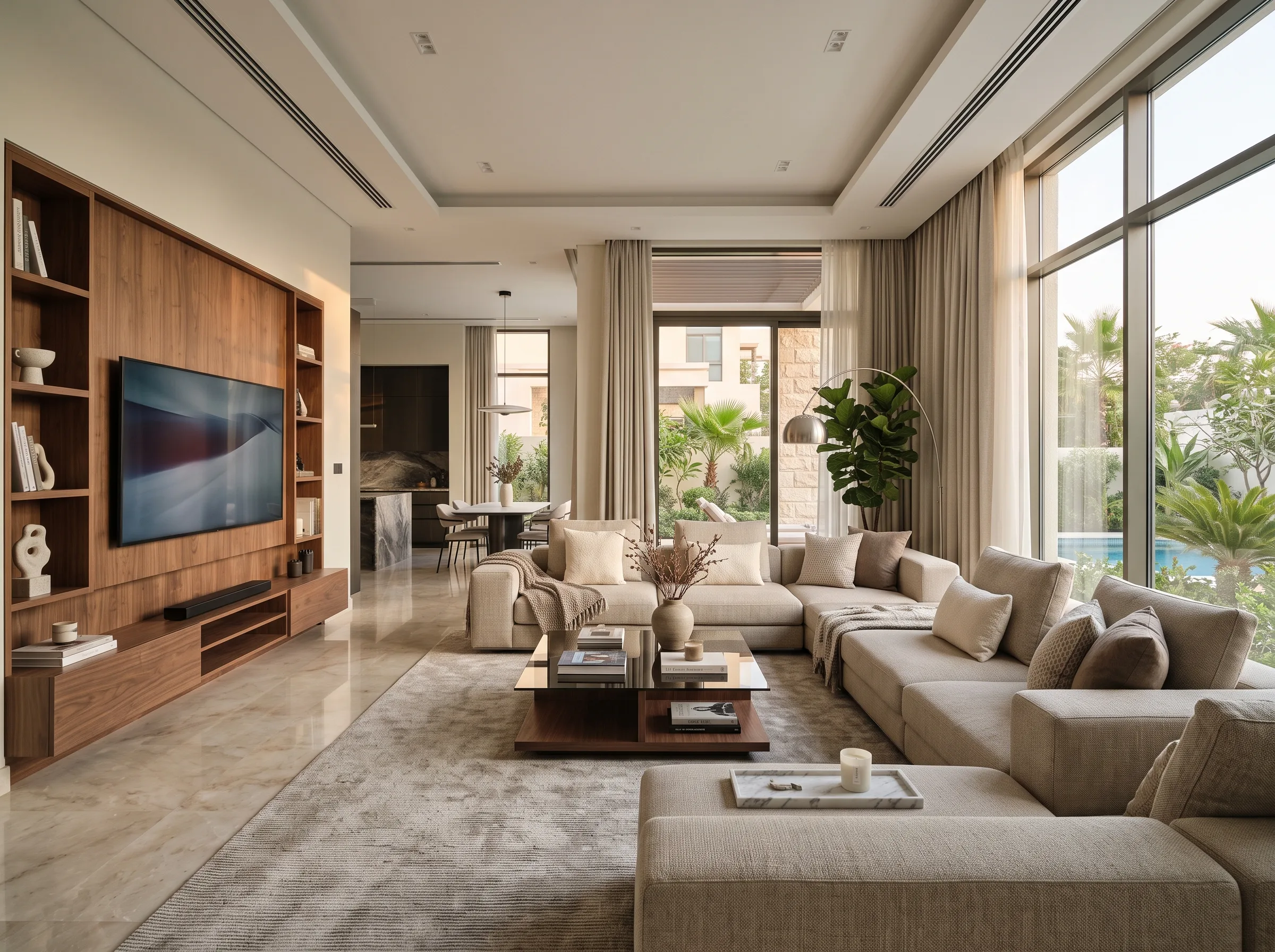 Modular L shape sofa in a modern open-plan Dubai living room