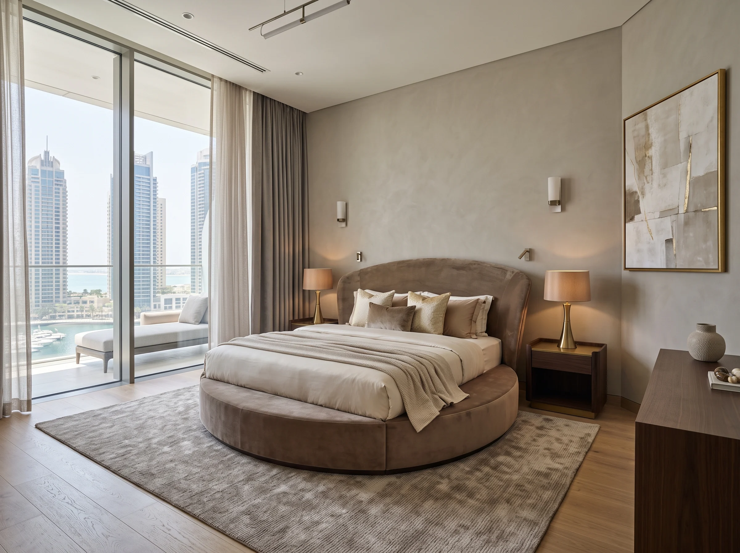 Round velvet bed in a modern Dubai bedroom