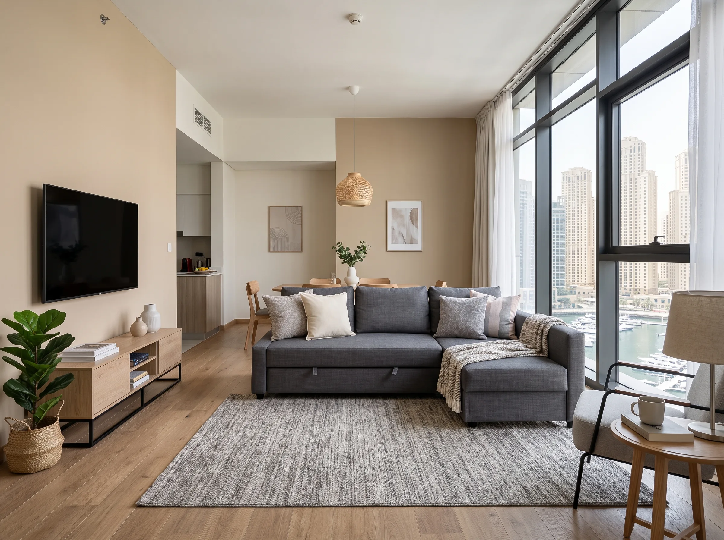 Modern sofa bed in a multifunctional Dubai apartment living room