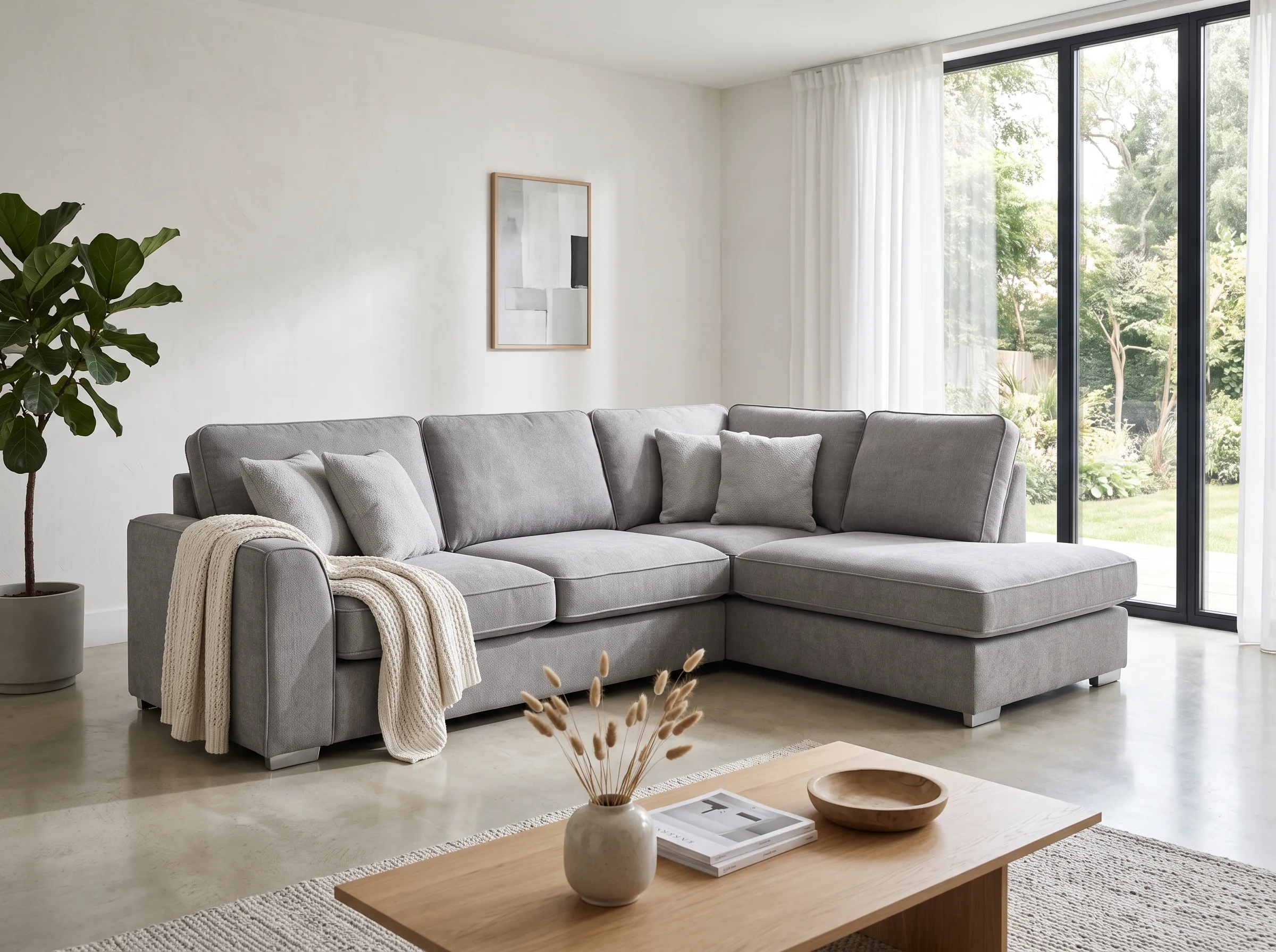 Modern affordable L shape sofa Dubai in neutral fabric placed in a bright contemporary living room with soft natural light